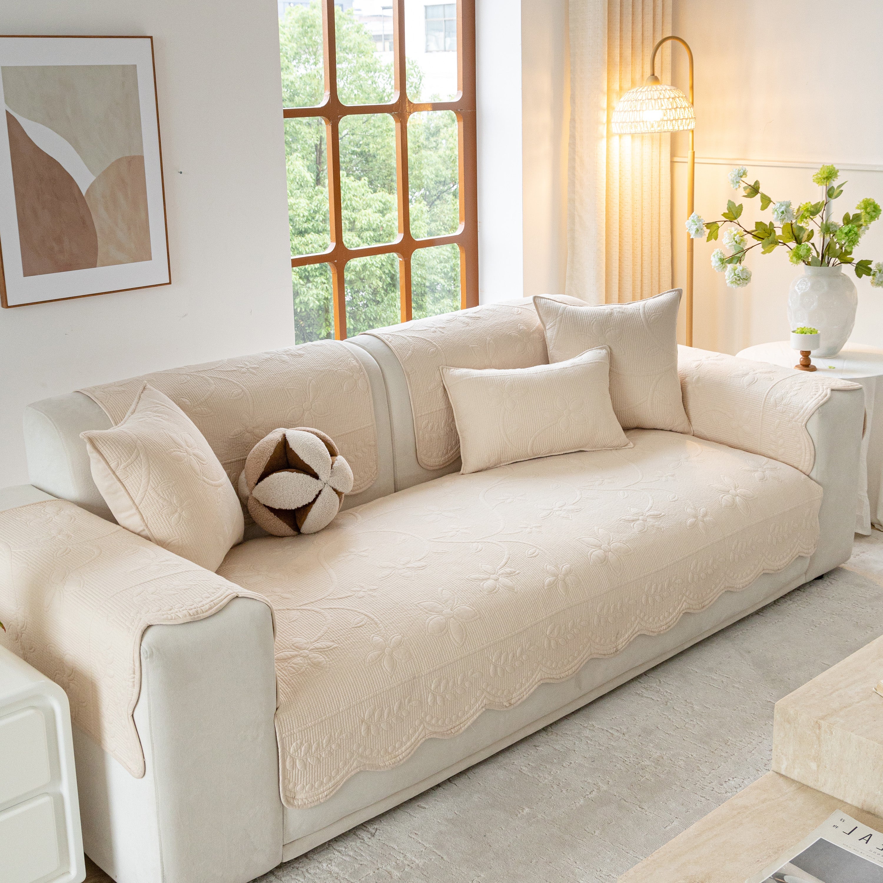 Floral Cotton Quilted Sofa Cover, Non-Slip Couch Protector with Scalloped Edges - Image 68