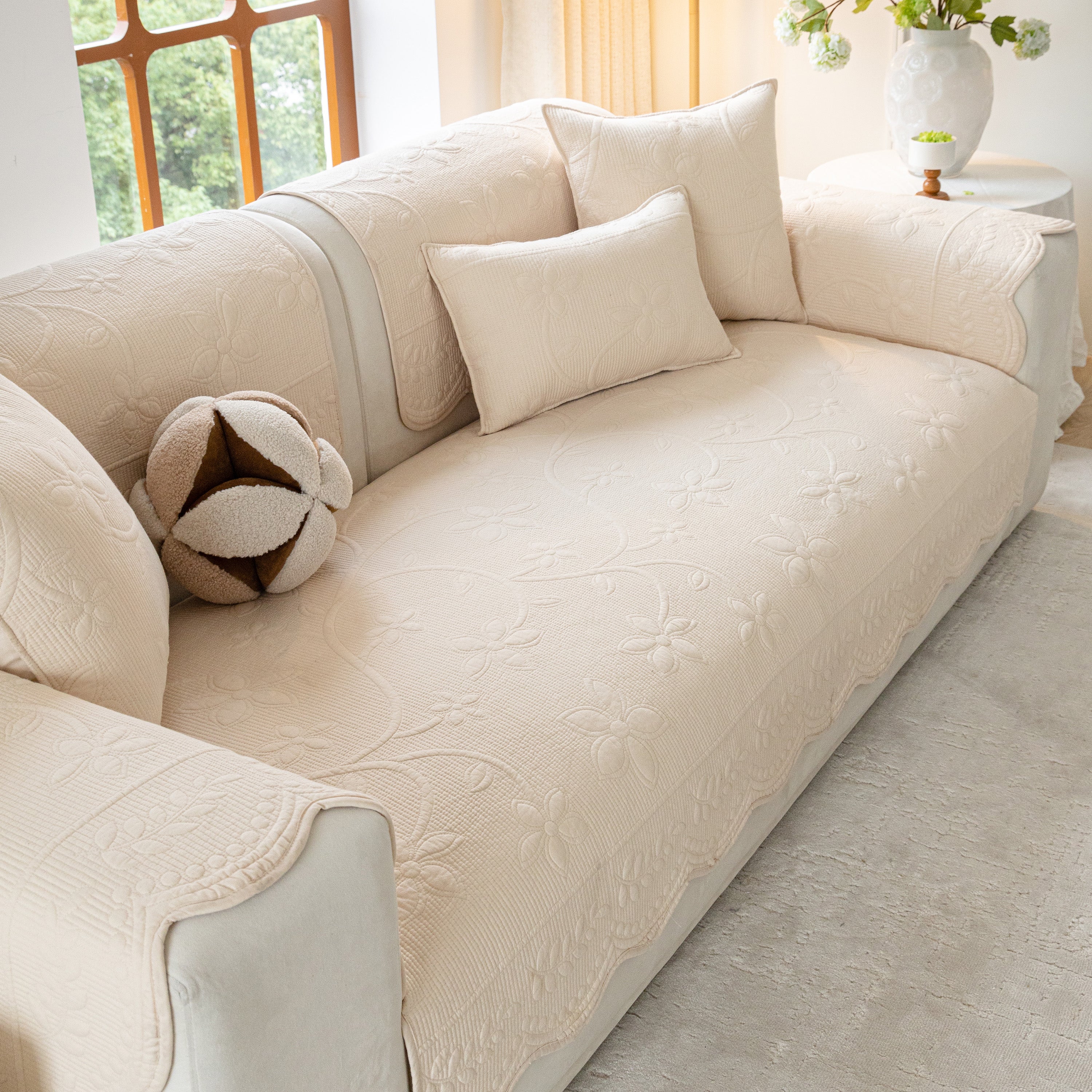 Floral Cotton Quilted Sofa Cover, Non-Slip Couch Protector with Scalloped Edges - Image 69