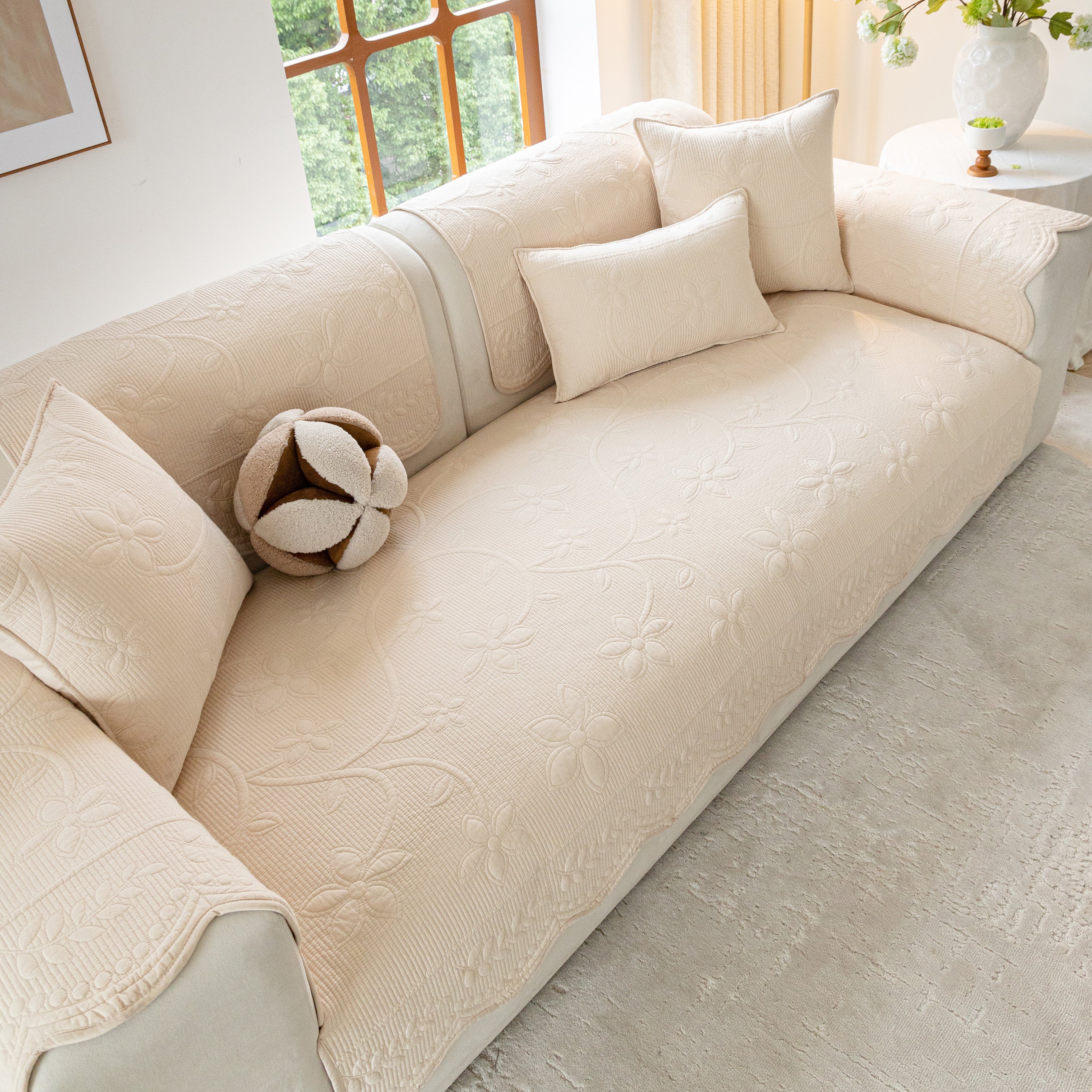 Floral Cotton Quilted Sofa Cover, Non-Slip Couch Protector with Scalloped Edges - Image 70