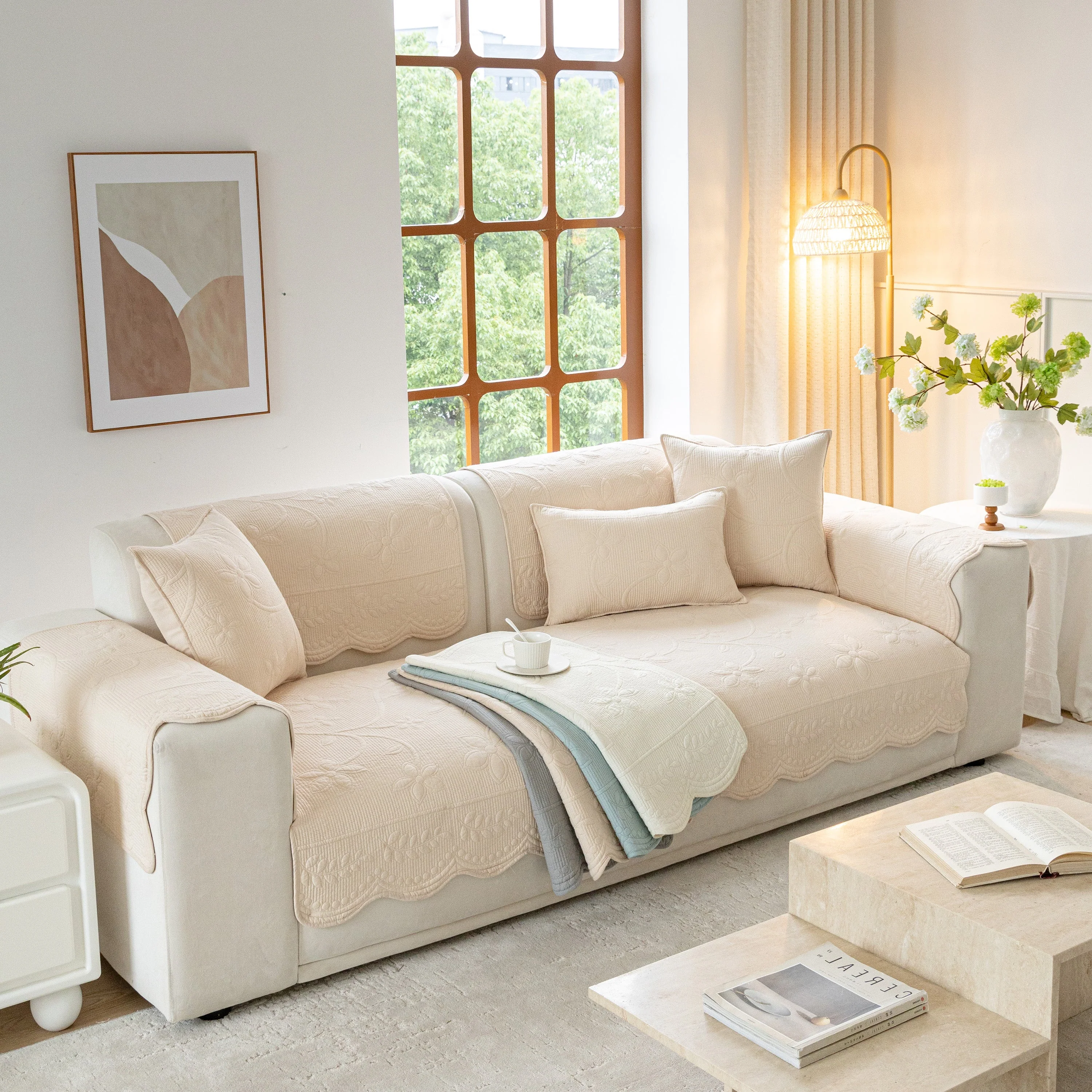 Floral Cotton Quilted Sofa Cover, Non-Slip Couch Protector with Scalloped Edges - Image 71