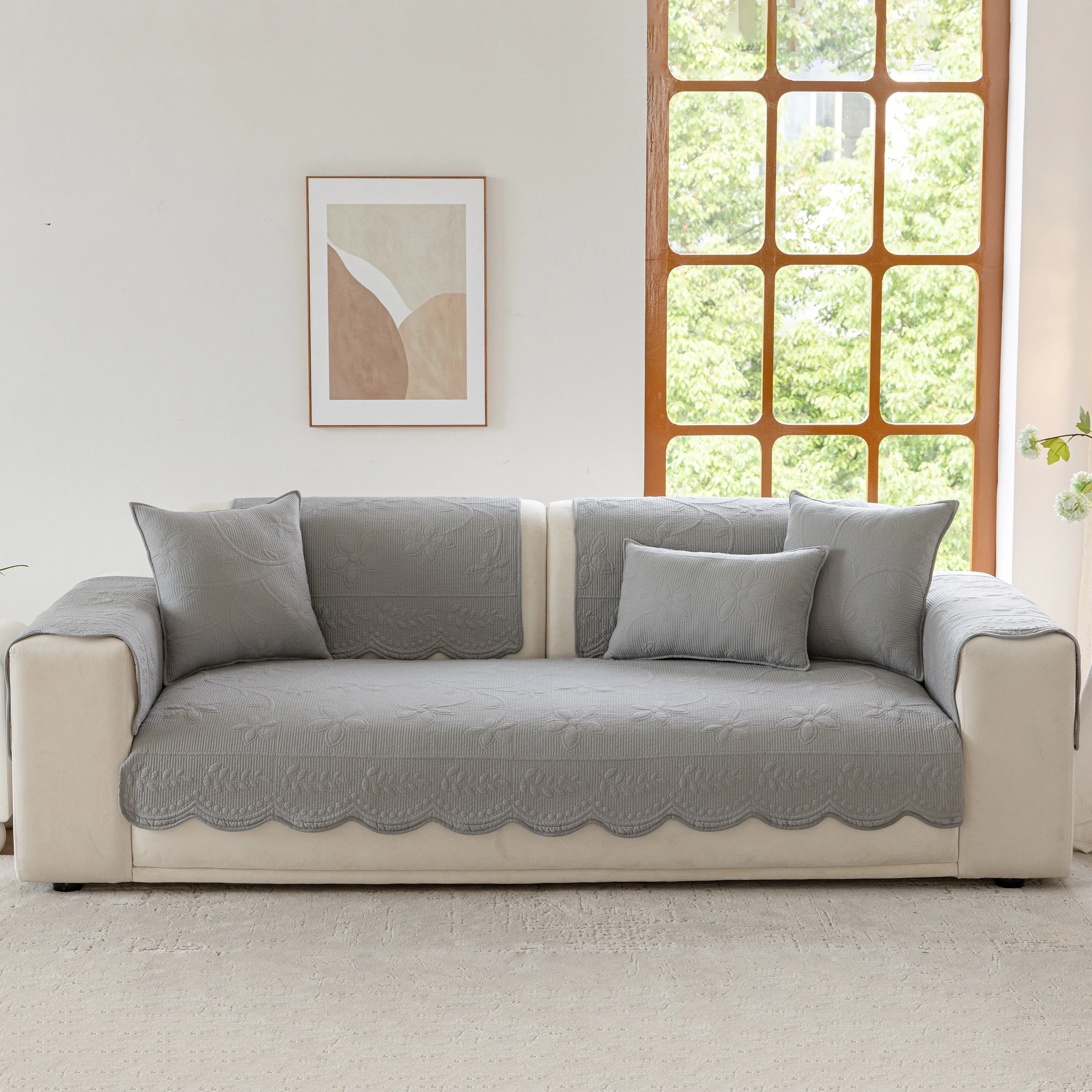 Floral Cotton Quilted Sofa Cover, Non-Slip Couch Protector with Scalloped Edges - Image 72
