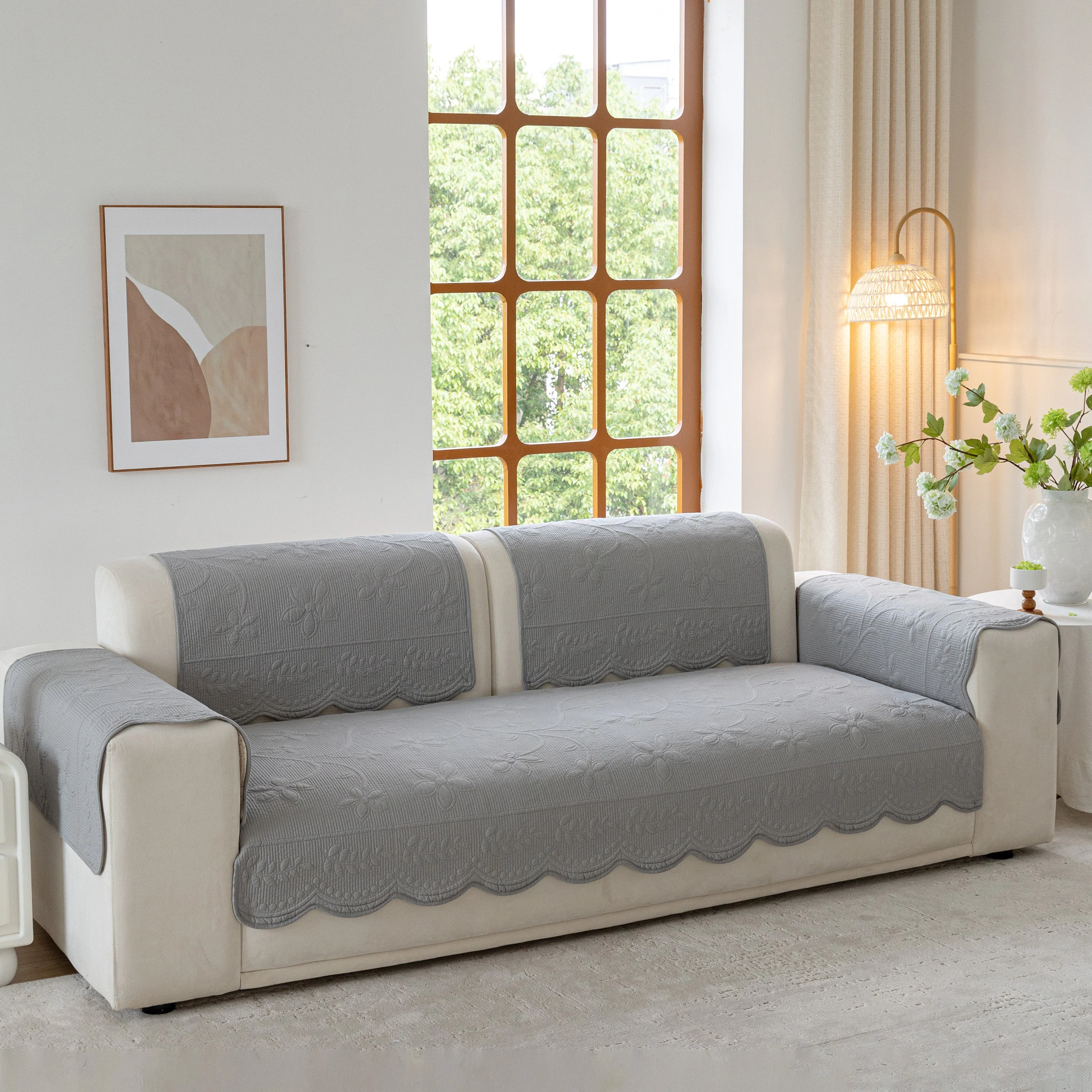 Floral Cotton Quilted Sofa Cover, Non-Slip Couch Protector with Scalloped Edges - Image 76