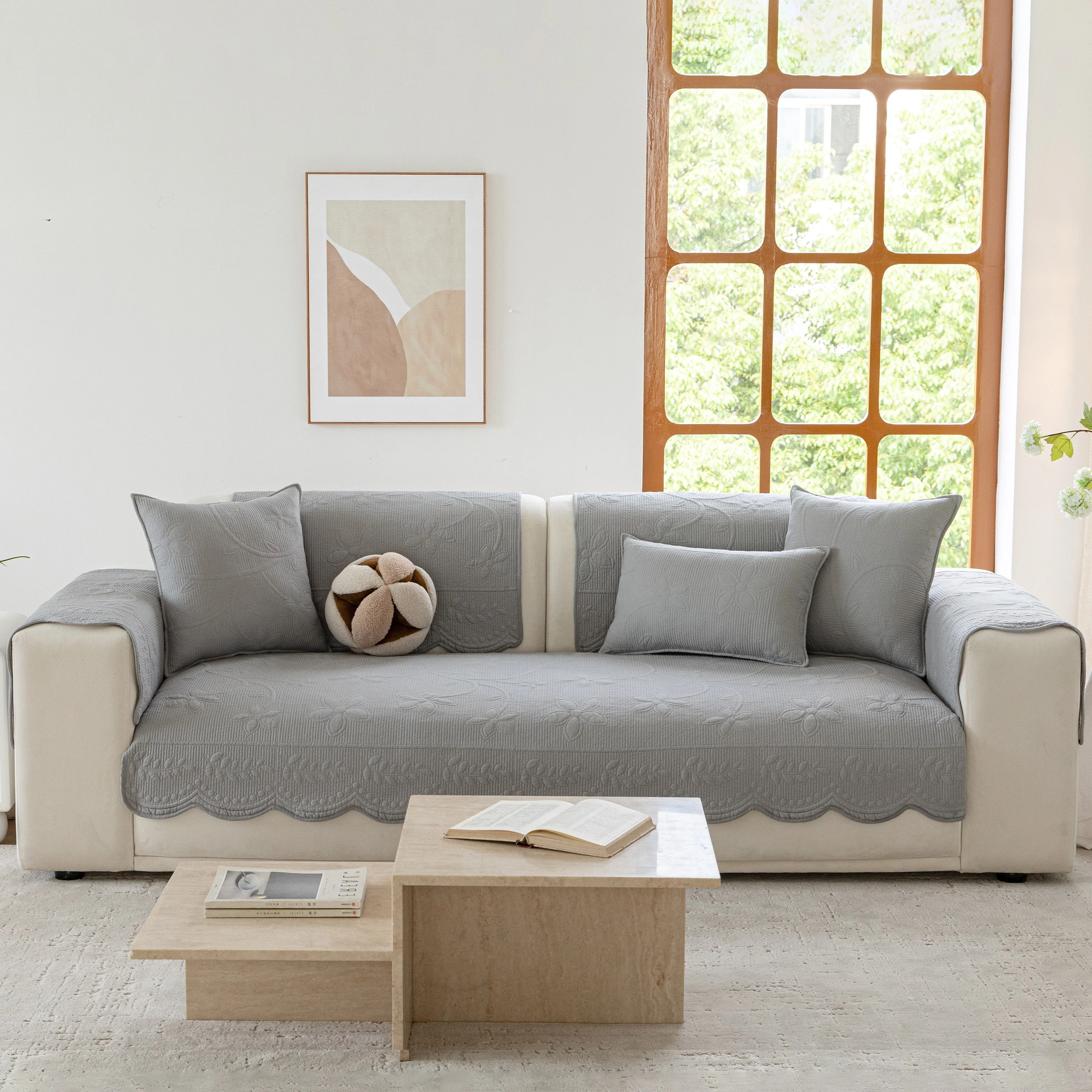 Floral Cotton Quilted Sofa Cover, Non-Slip Couch Protector with Scalloped Edges - Image 77