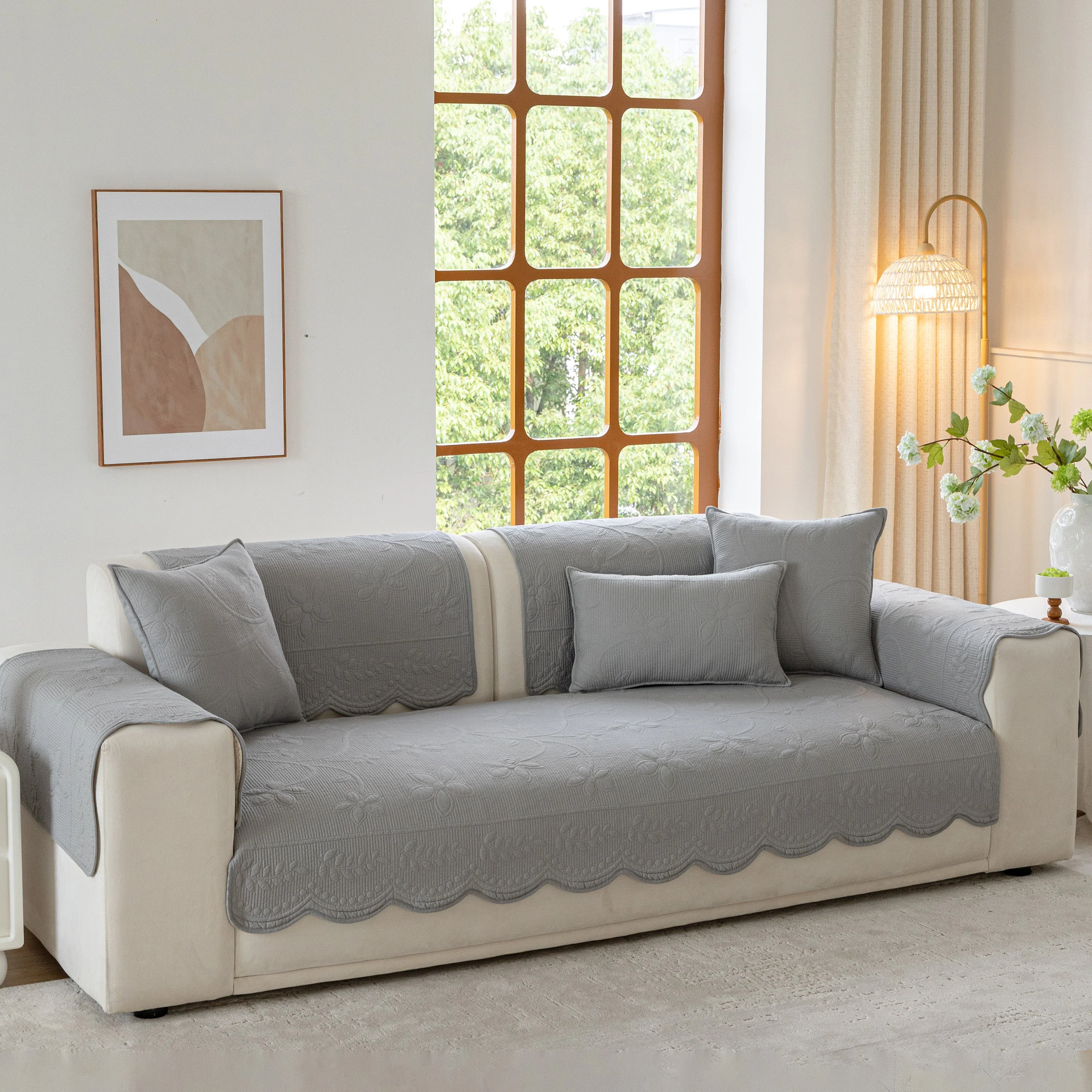 Floral Cotton Quilted Sofa Cover, Non-Slip Couch Protector with Scalloped Edges - Image 78
