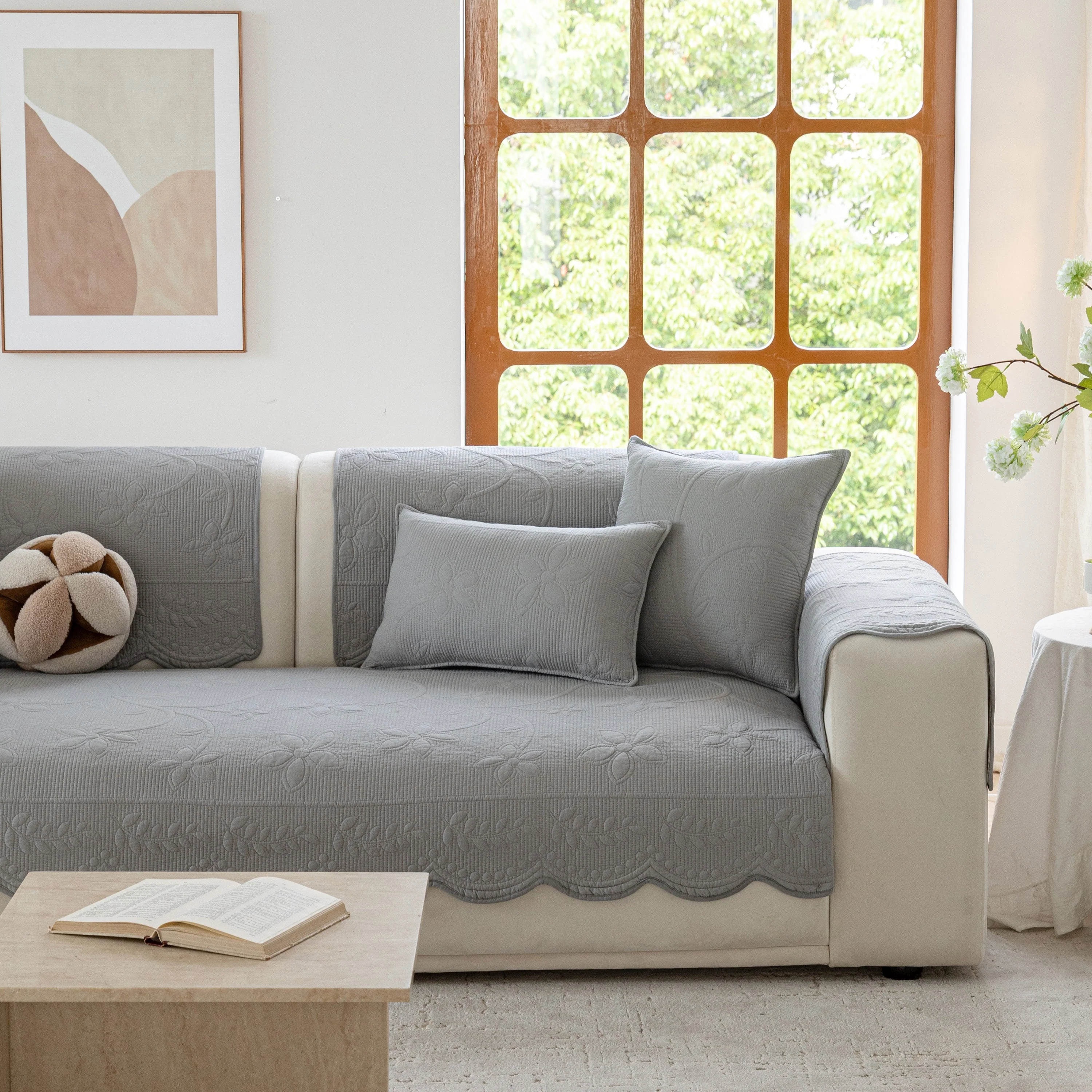 Floral Cotton Quilted Sofa Cover, Non-Slip Couch Protector with Scalloped Edges - Image 79