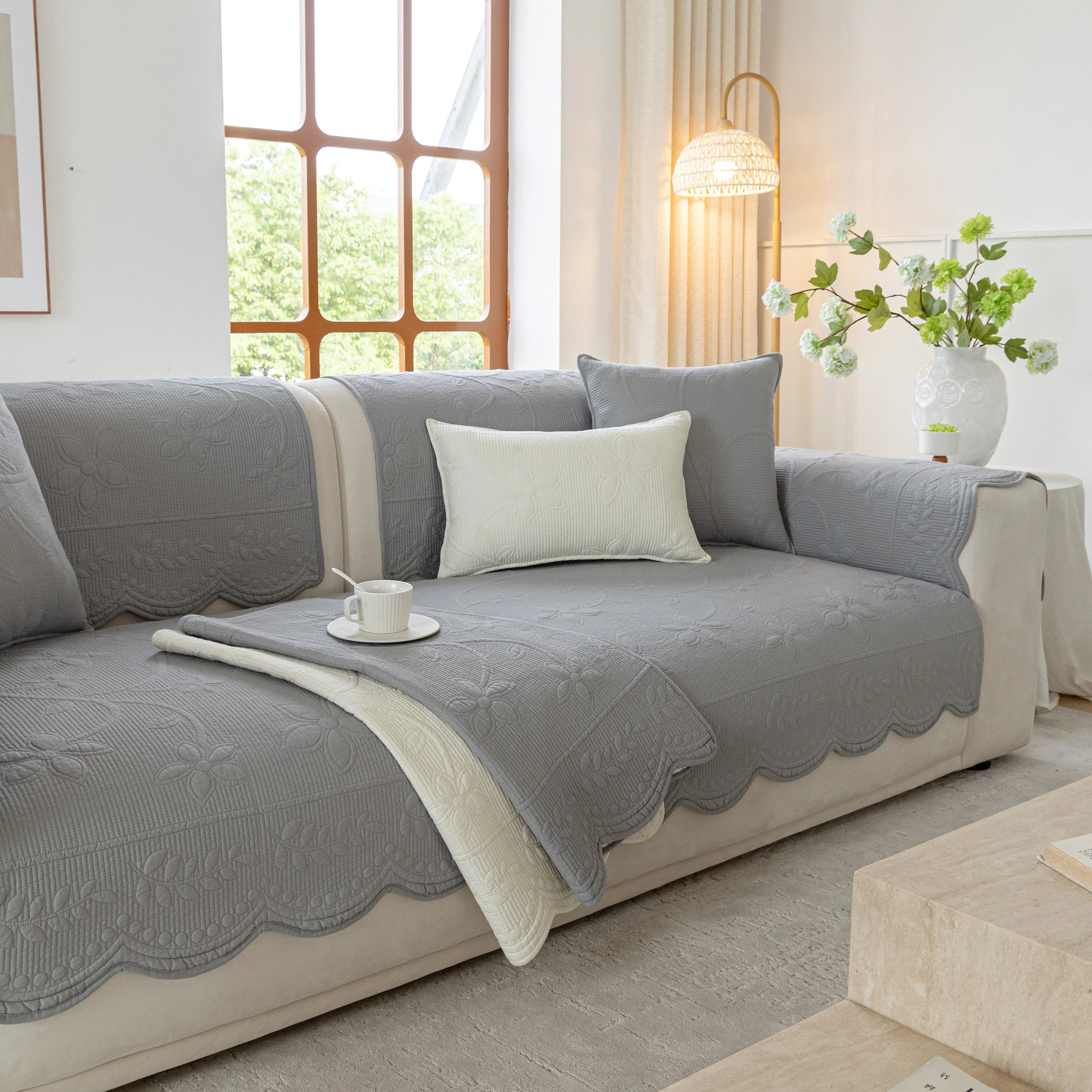 Floral Cotton Quilted Sofa Cover, Non-Slip Couch Protector with Scalloped Edges - Image 81