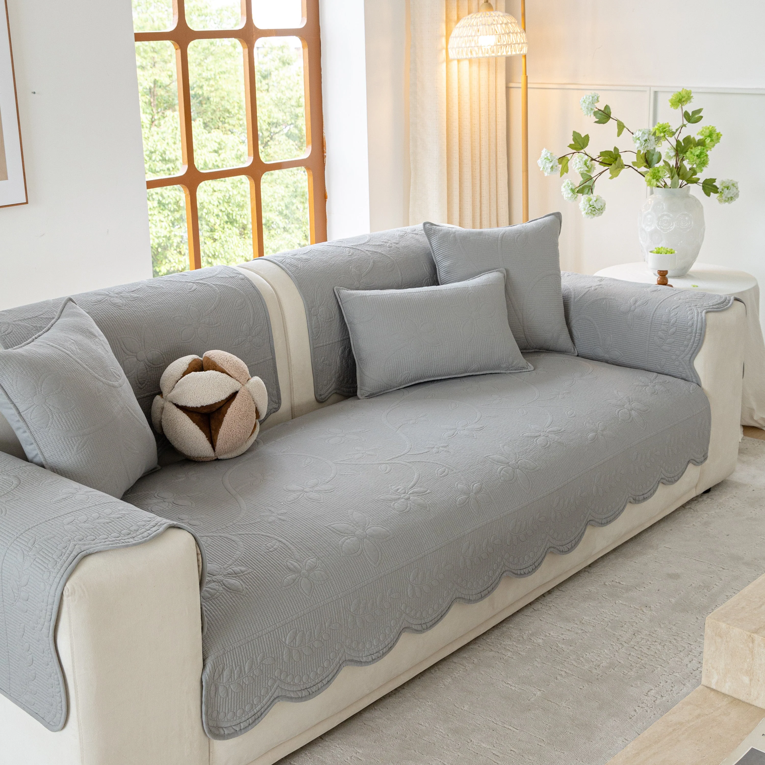 Floral Cotton Quilted Sofa Cover, Non-Slip Couch Protector with Scalloped Edges - Image 82
