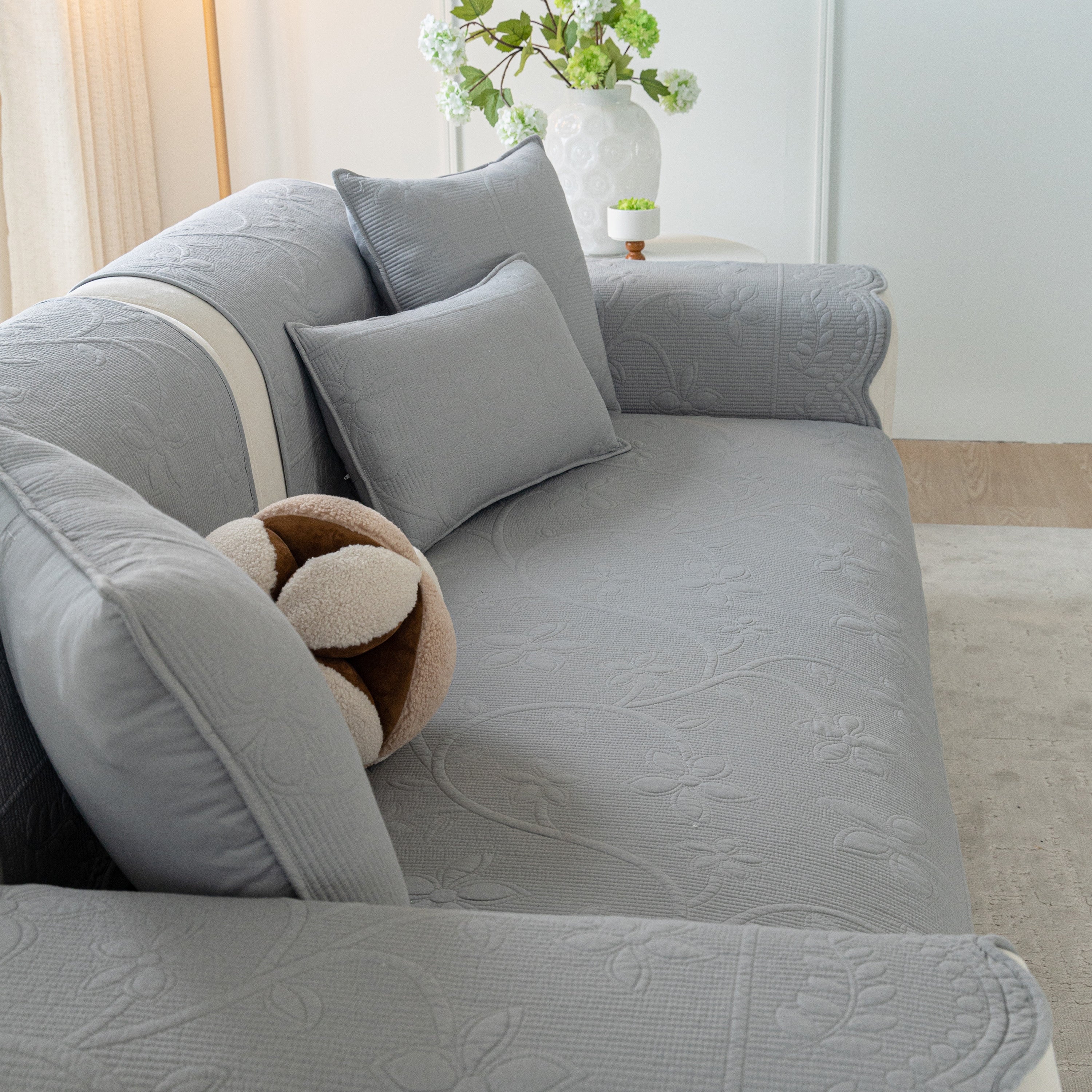 Floral Cotton Quilted Sofa Cover, Non-Slip Couch Protector with Scalloped Edges - Image 83