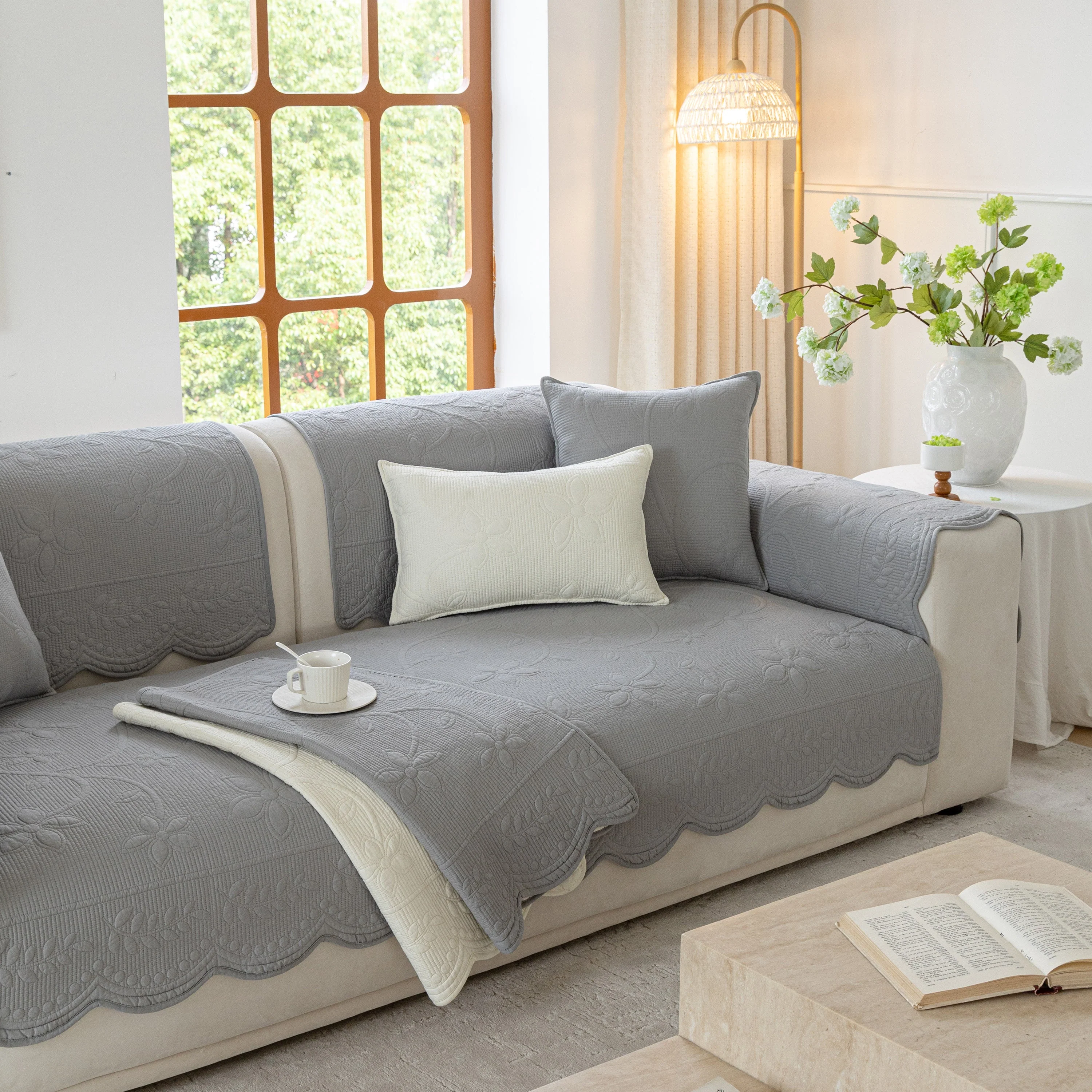 Floral Cotton Quilted Sofa Cover, Non-Slip Couch Protector with Scalloped Edges - Image 84