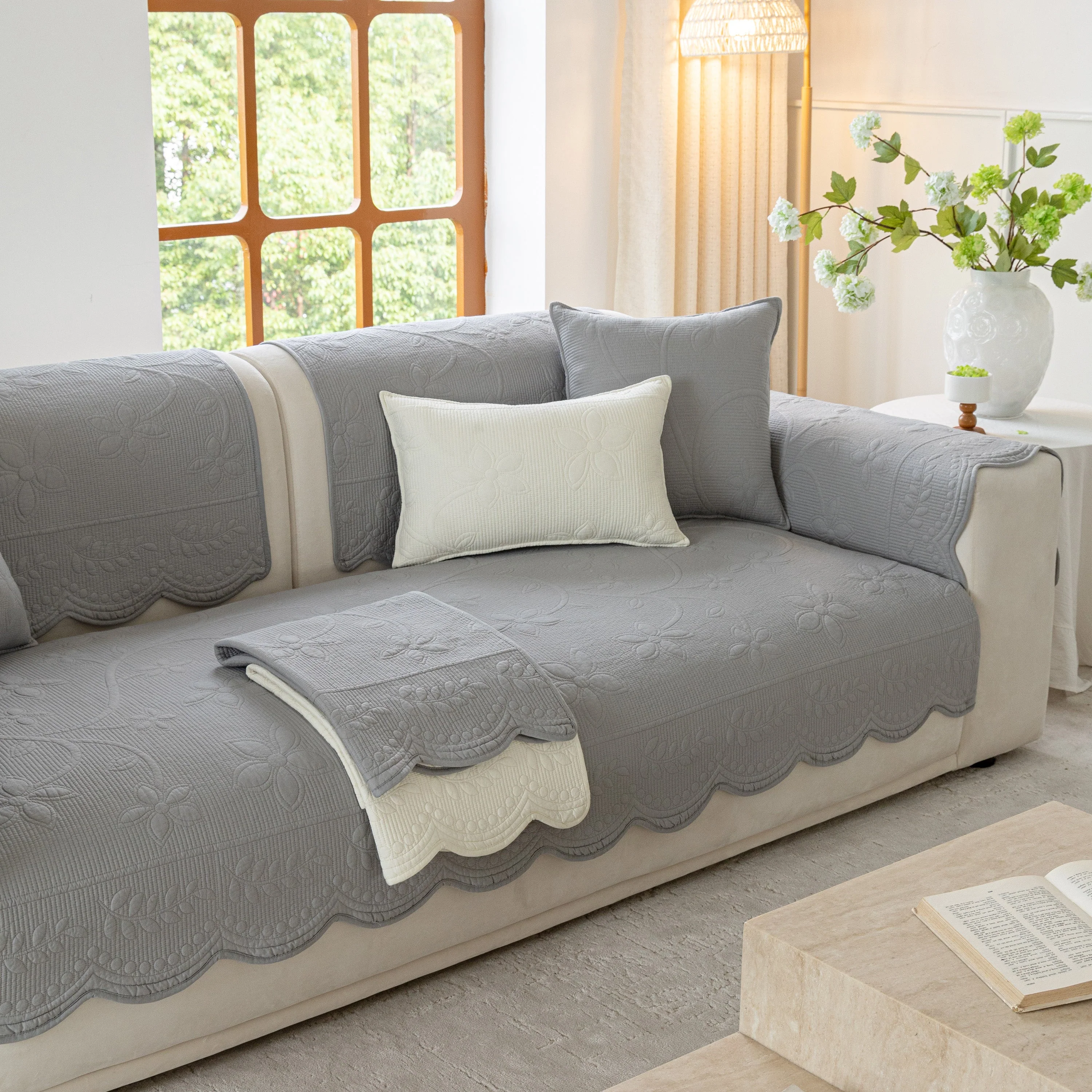 Floral Cotton Quilted Sofa Cover, Non-Slip Couch Protector with Scalloped Edges - Image 85