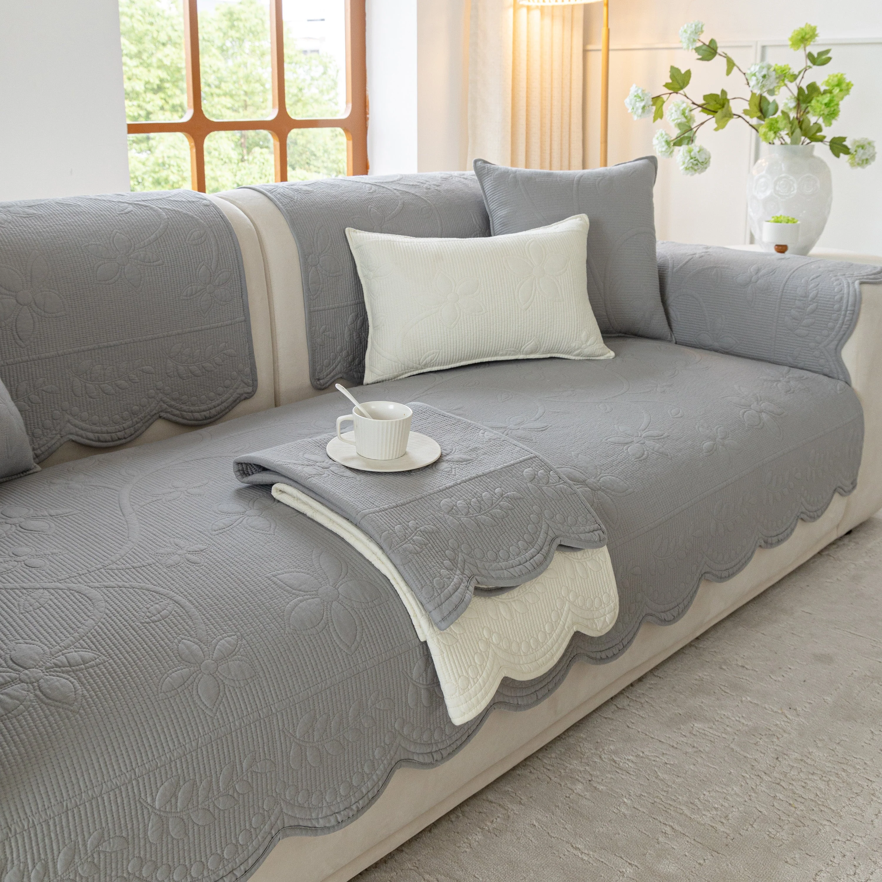 Floral Cotton Quilted Sofa Cover, Non-Slip Couch Protector with Scalloped Edges - Image 86