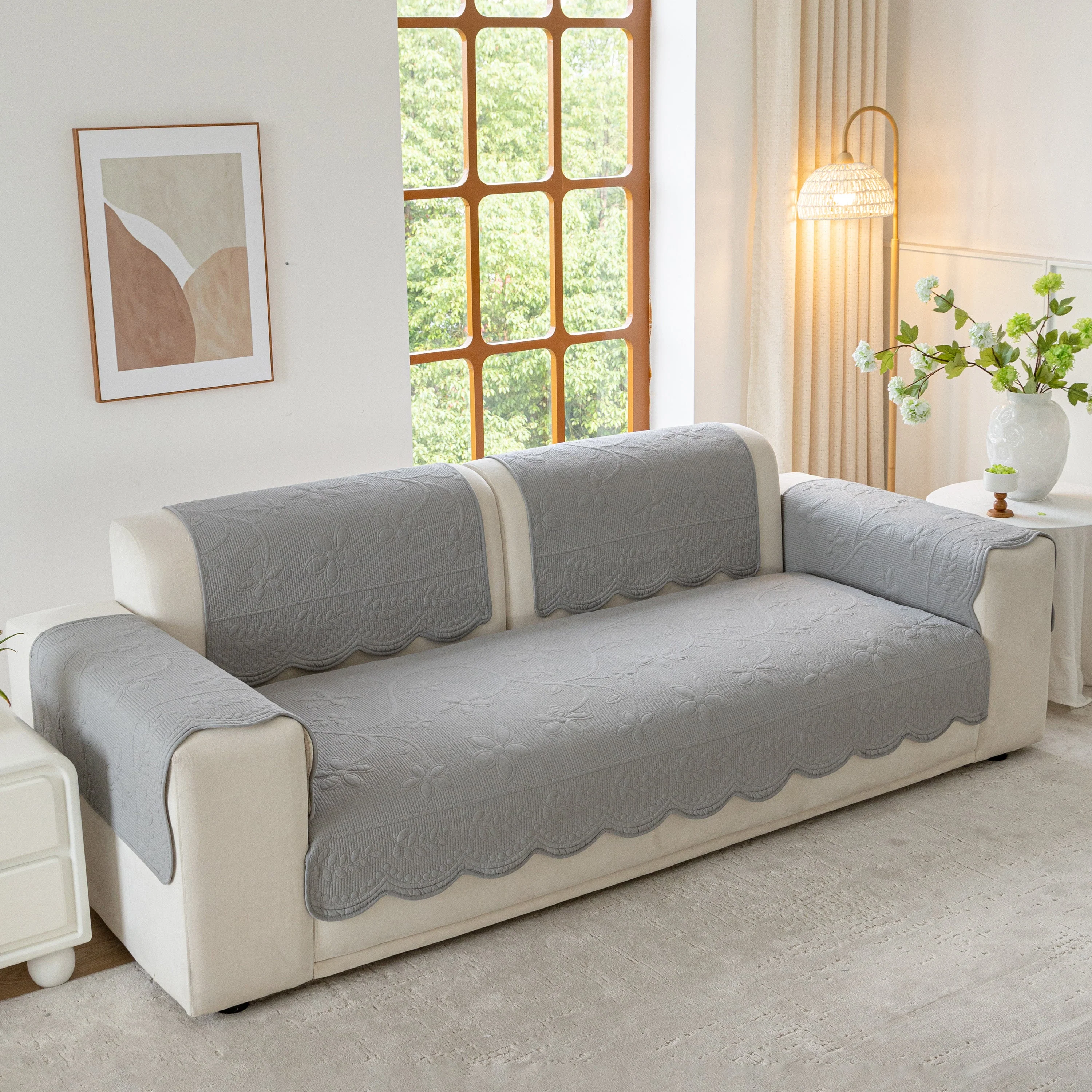 Floral Cotton Quilted Sofa Cover, Non-Slip Couch Protector with Scalloped Edges - Image 88