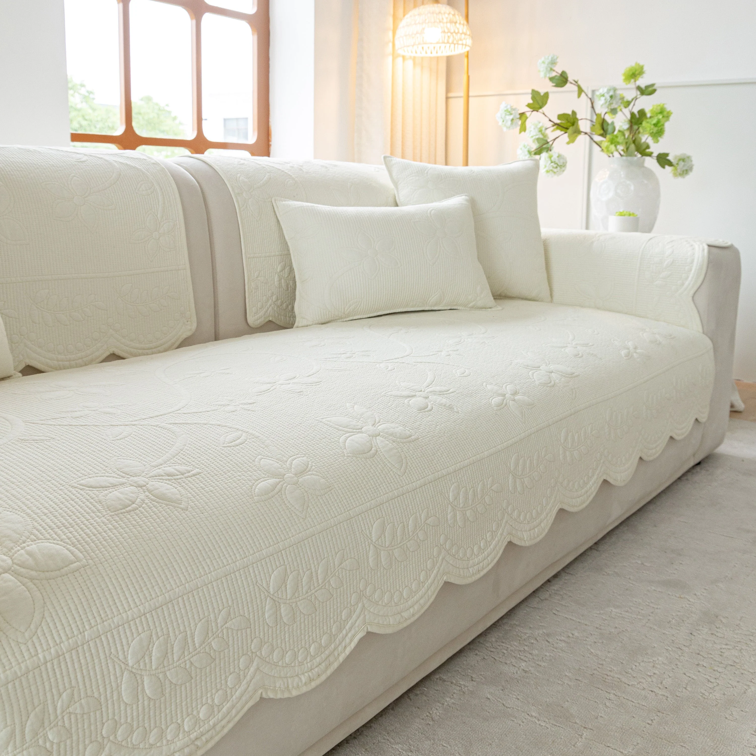 Floral Cotton Quilted Sofa Cover, Non-Slip Couch Protector with Scalloped Edges - Image 9