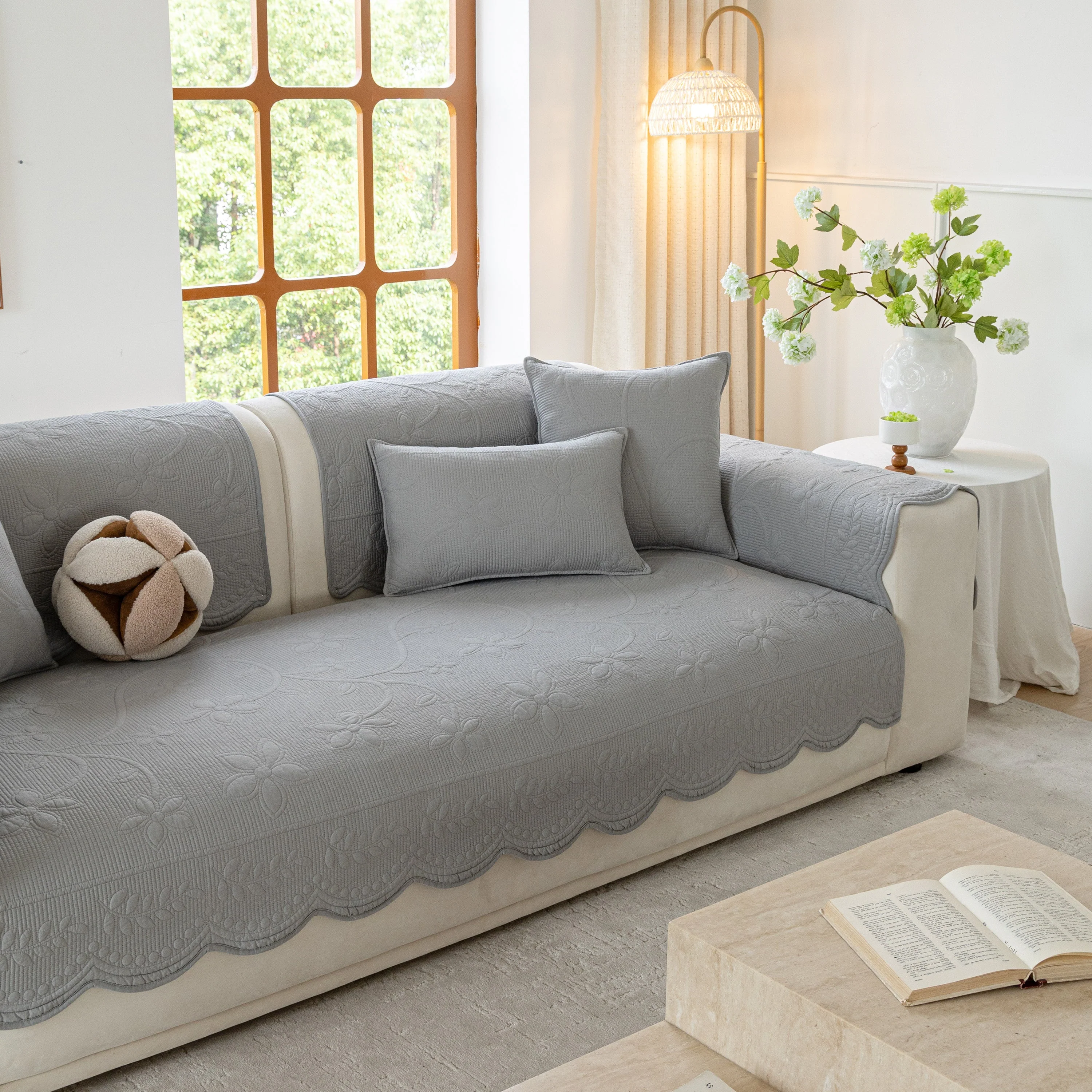 Floral Cotton Quilted Sofa Cover, Non-Slip Couch Protector with Scalloped Edges - Image 90