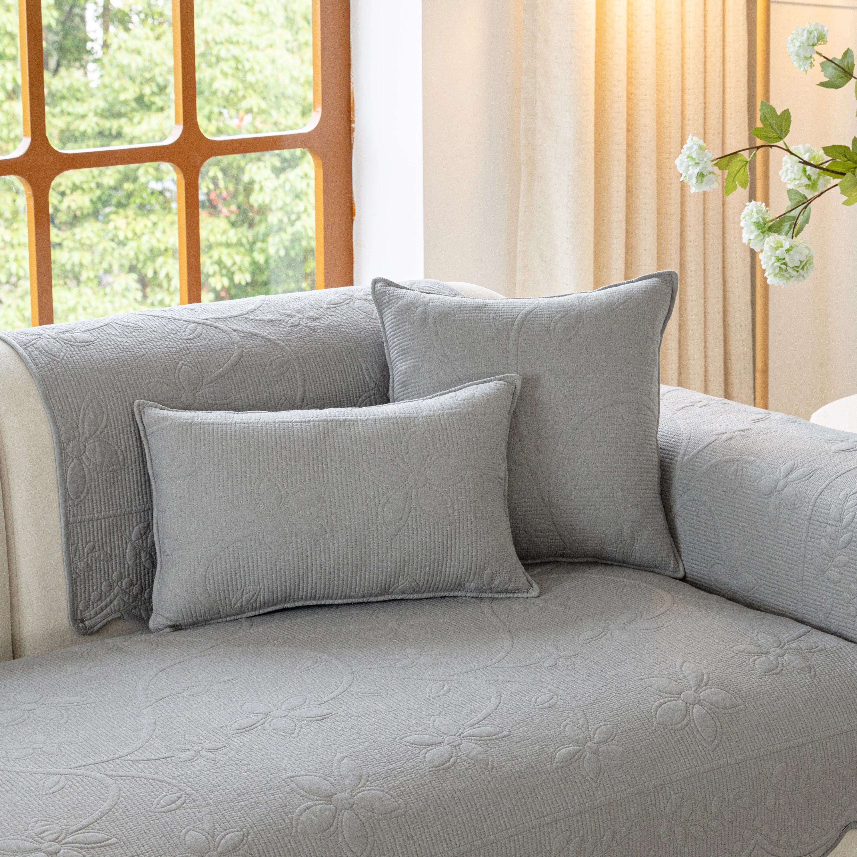 Floral Cotton Quilted Sofa Cover, Non-Slip Couch Protector with Scalloped Edges - Image 91