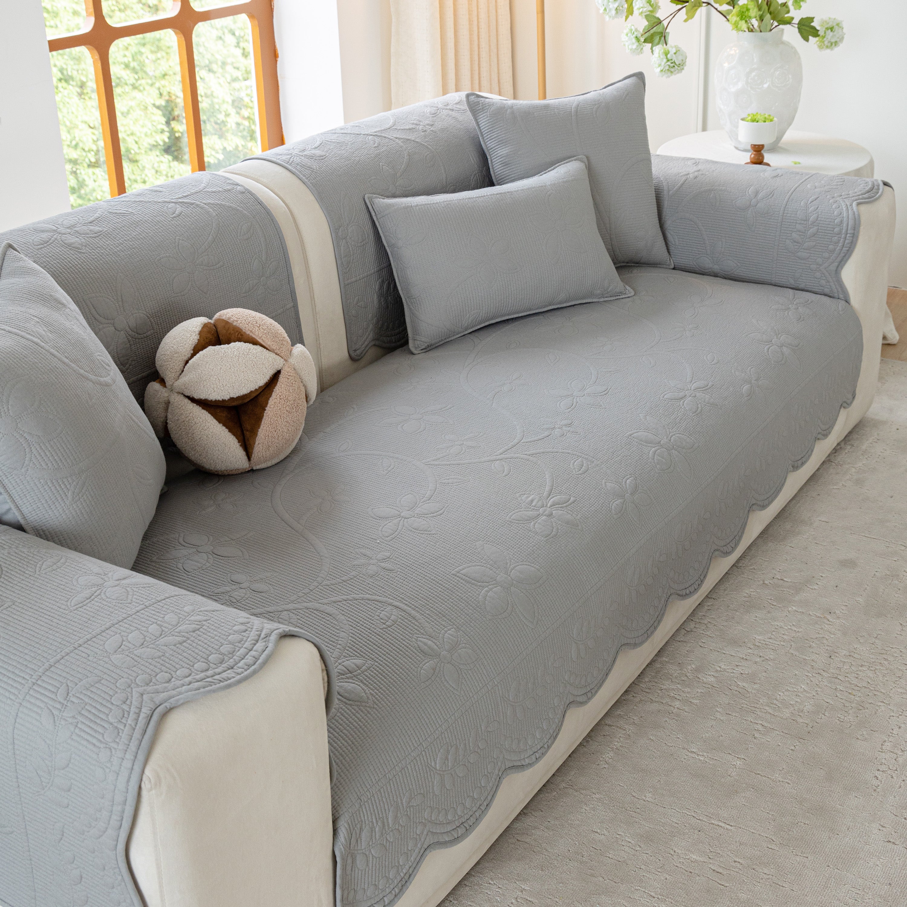 Floral Cotton Quilted Sofa Cover, Non-Slip Couch Protector with Scalloped Edges - Image 93