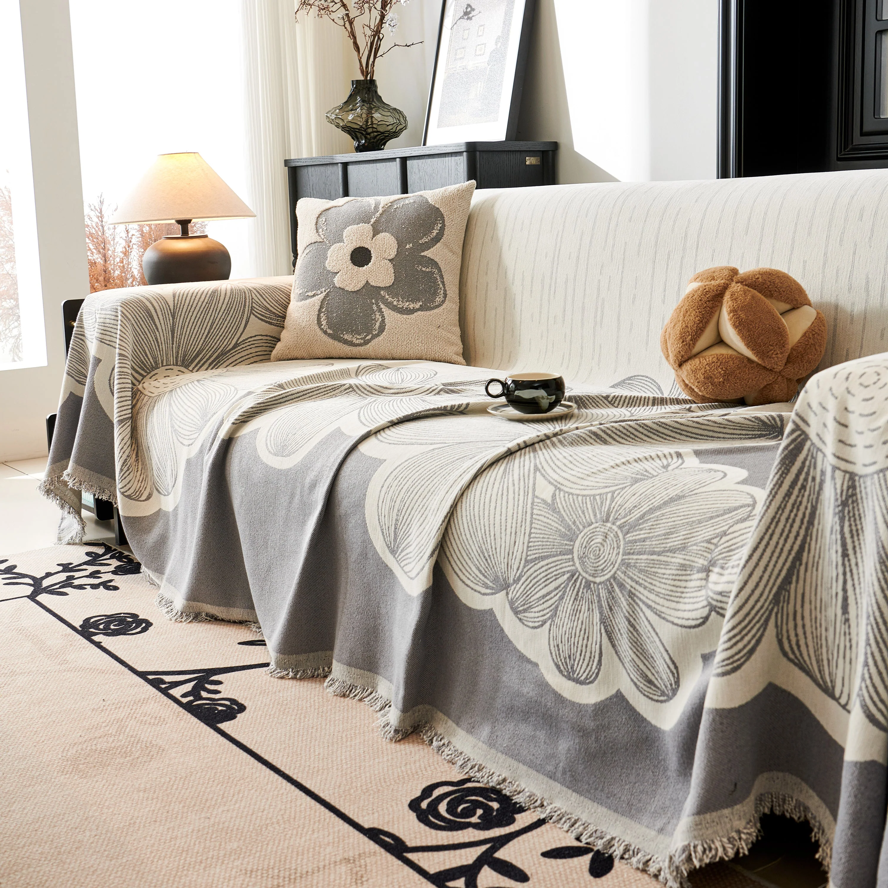 Floral Sofa Slipcovers Reversible Sofa Throw Covers with Tassels Pretty Furniture Covers for Sofas - Image 17