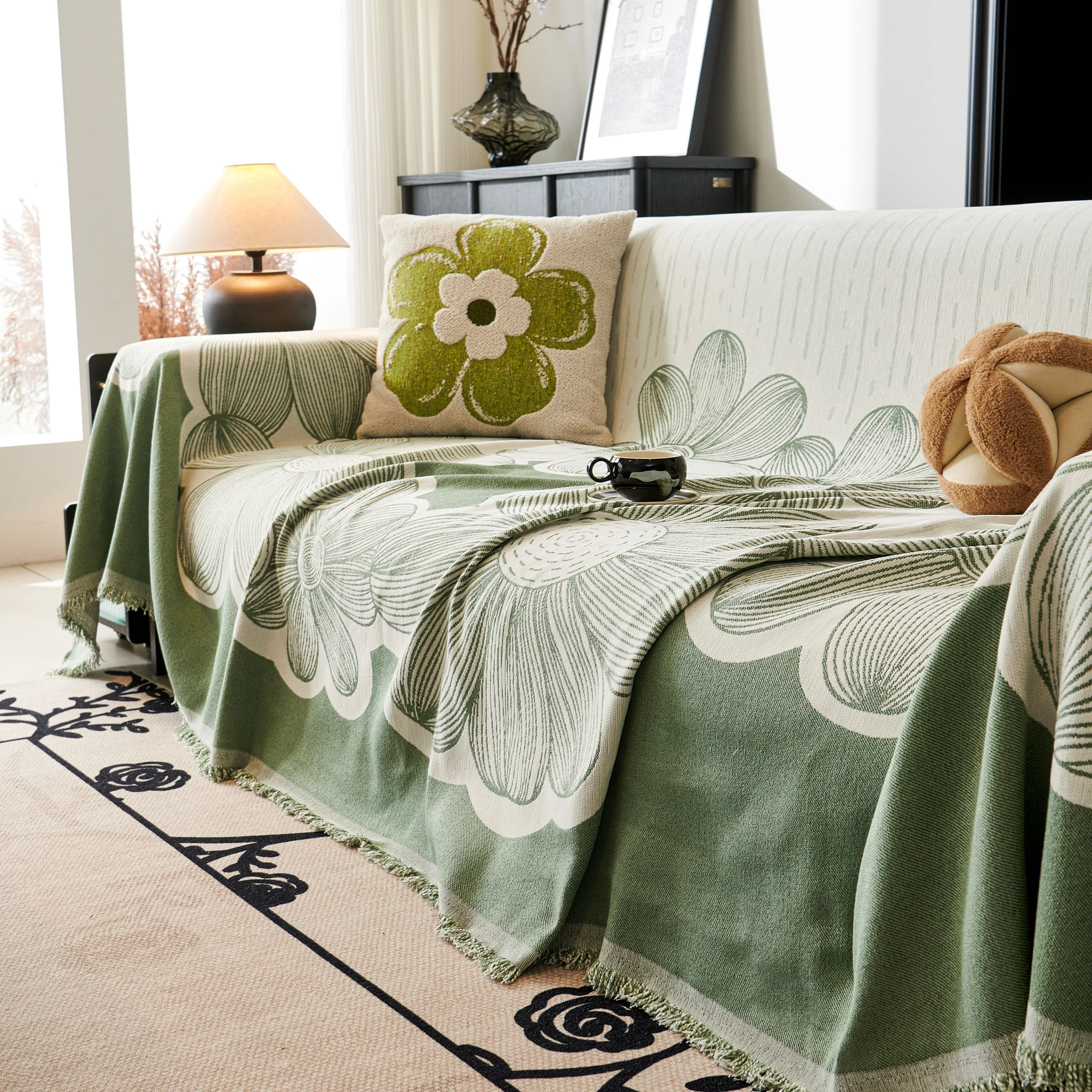 Floral Sofa Slipcovers Reversible Sofa Throw Covers with Tassels Pretty Furniture Covers for Sofas - Image 37