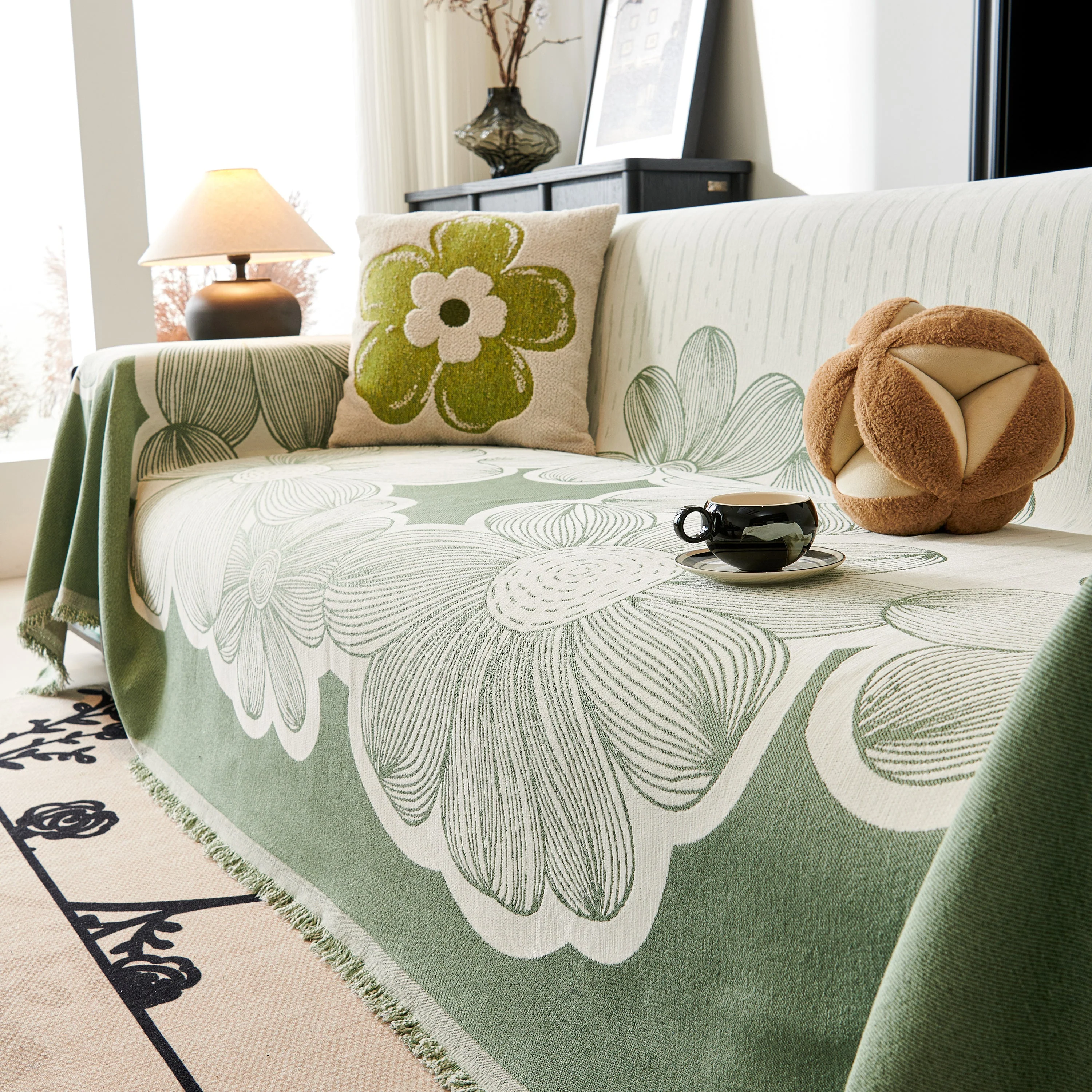 Floral Sofa Slipcovers Reversible Sofa Throw Covers with Tassels Pretty Furniture Covers for Sofas - Image 40