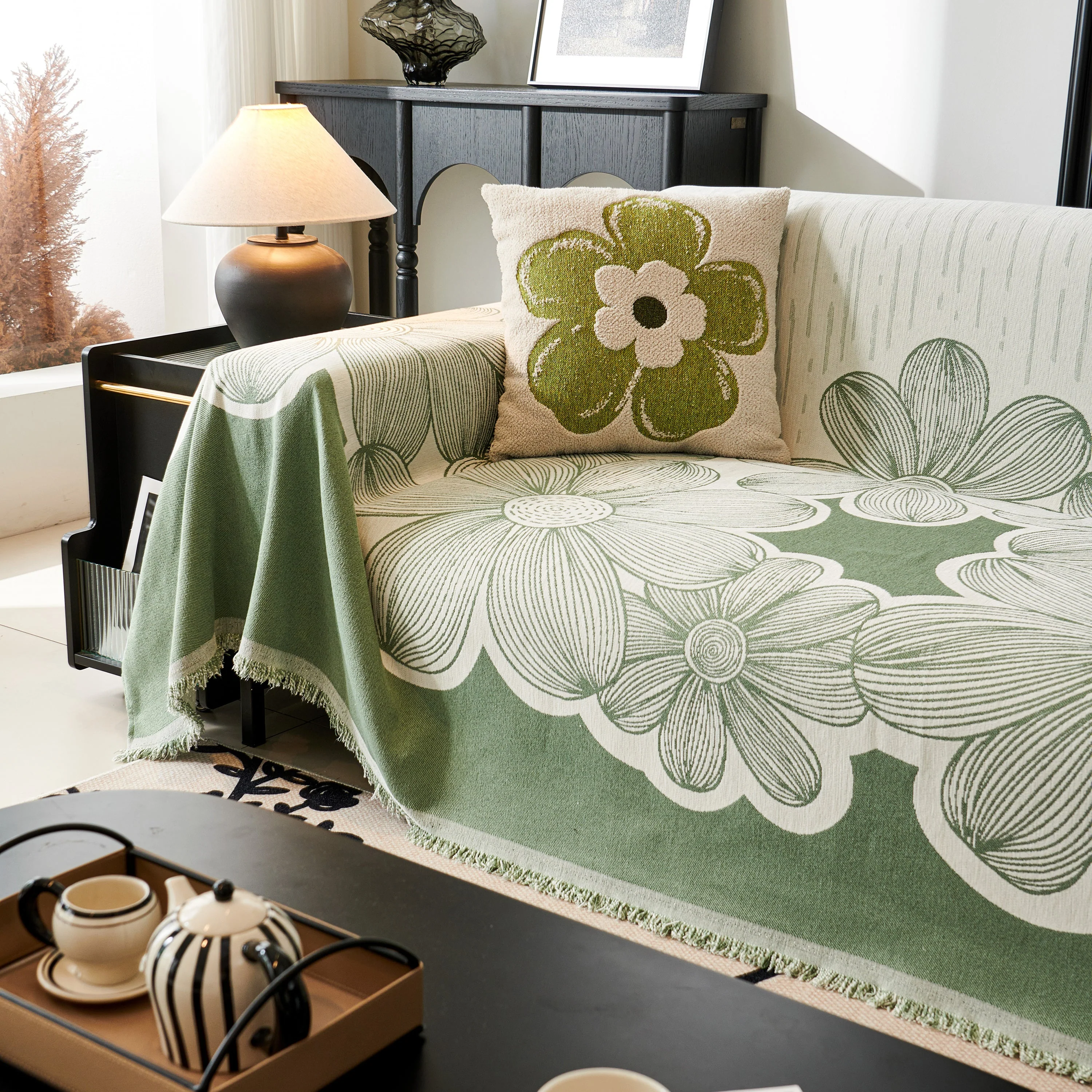 Floral Sofa Slipcovers Reversible Sofa Throw Covers with Tassels Pretty Furniture Covers for Sofas - Image 42