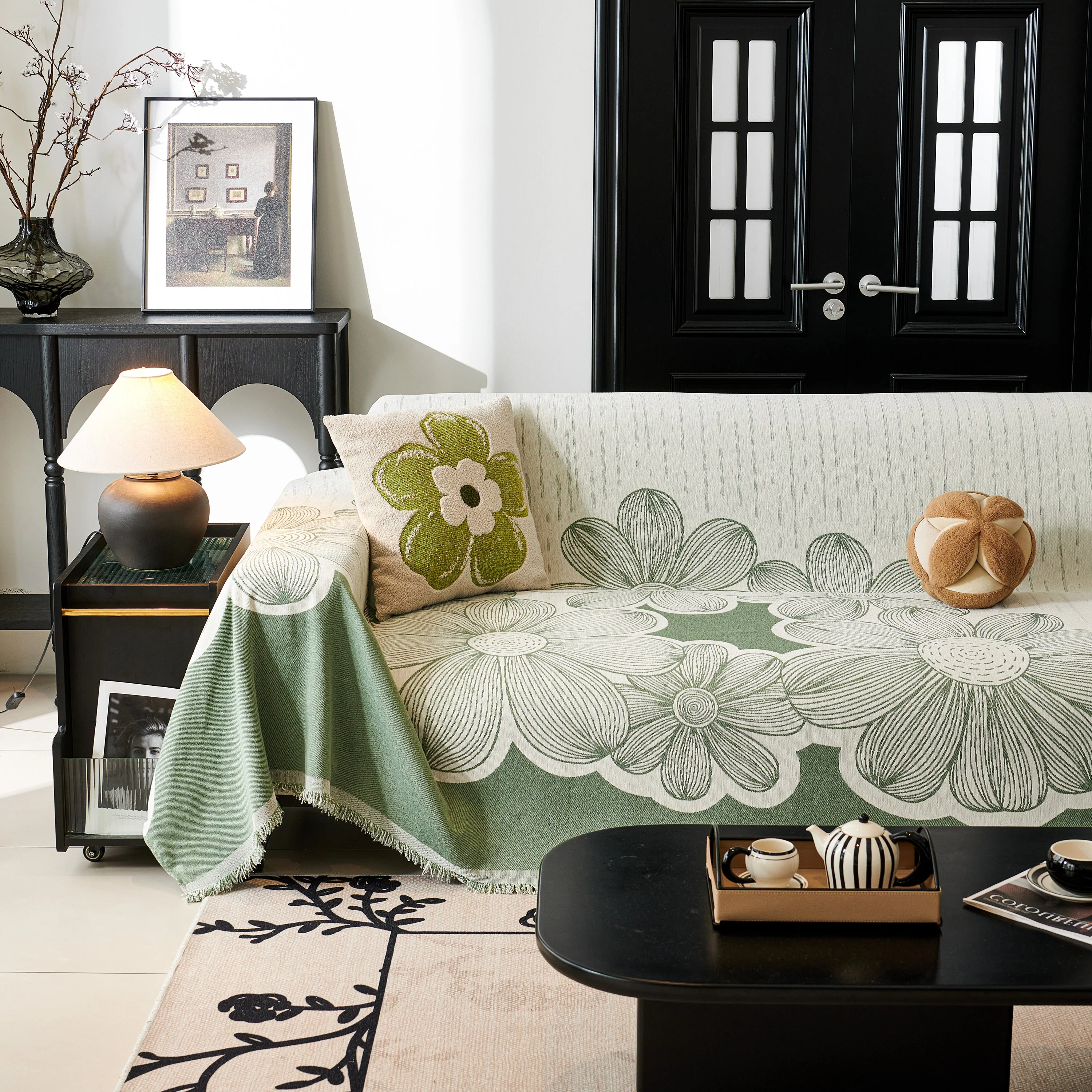 Floral Sofa Slipcovers Reversible Sofa Throw Covers with Tassels Pretty Furniture Covers for Sofas - Image 45