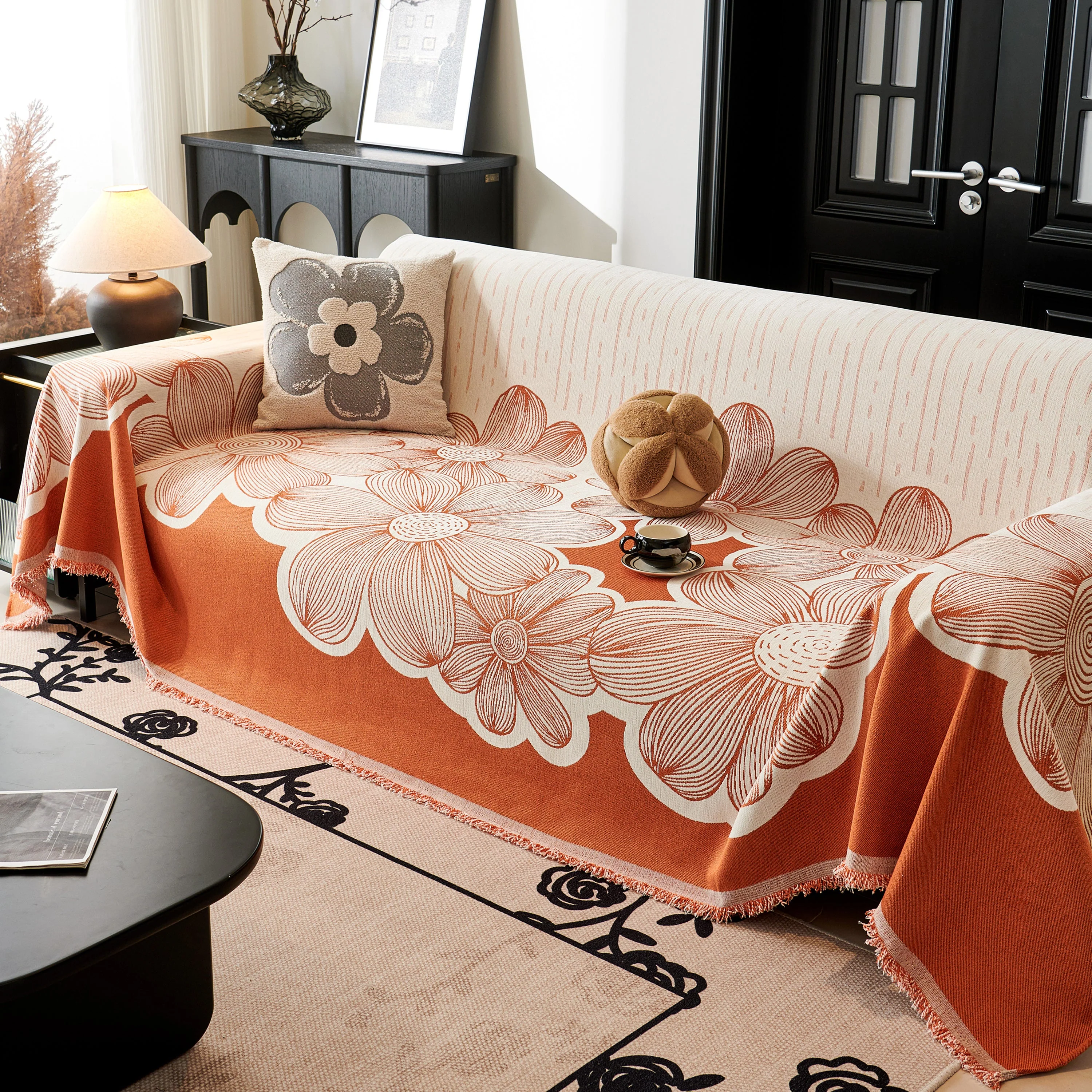 Floral Sofa Slipcovers Reversible Sofa Throw Covers with Tassels Pretty Furniture Covers for Sofas - Image 51