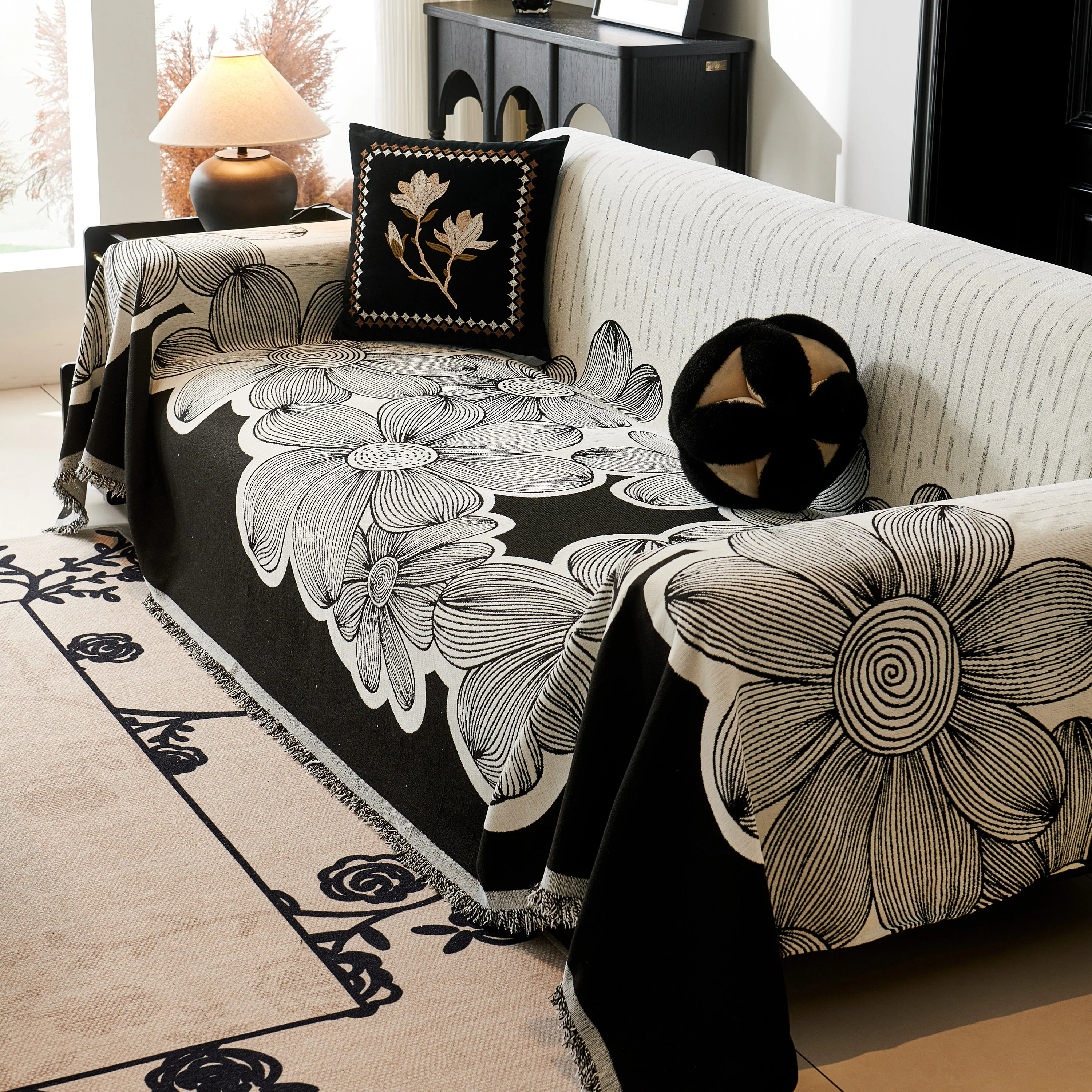 Floral Sofa Slipcovers Reversible Sofa Throw Covers with Tassels Pretty Furniture Covers for Sofas - Image 70