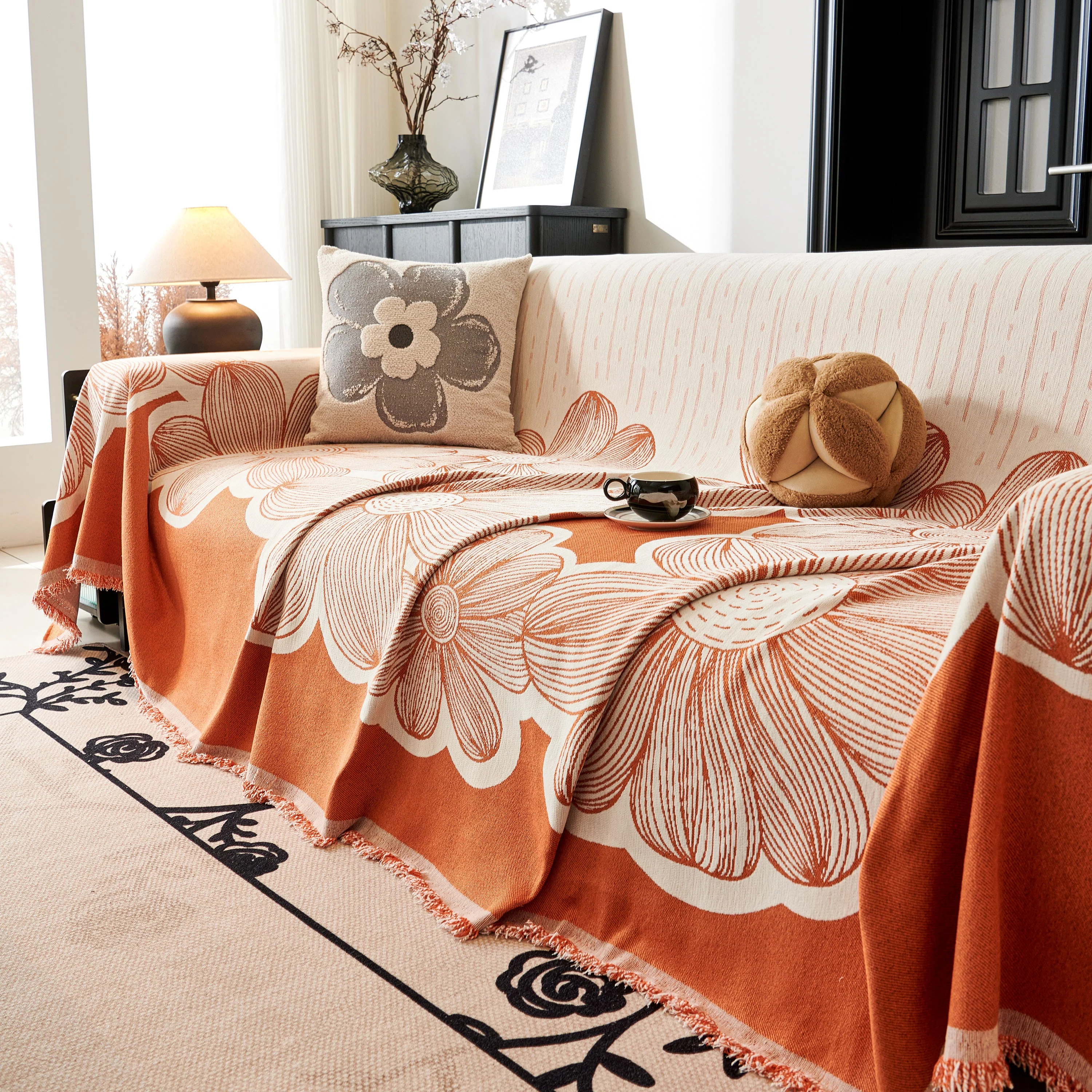 Floral Sofa Slipcovers Reversible Sofa Throw Covers with Tassels Pretty Furniture Covers for Sofas - Image 83