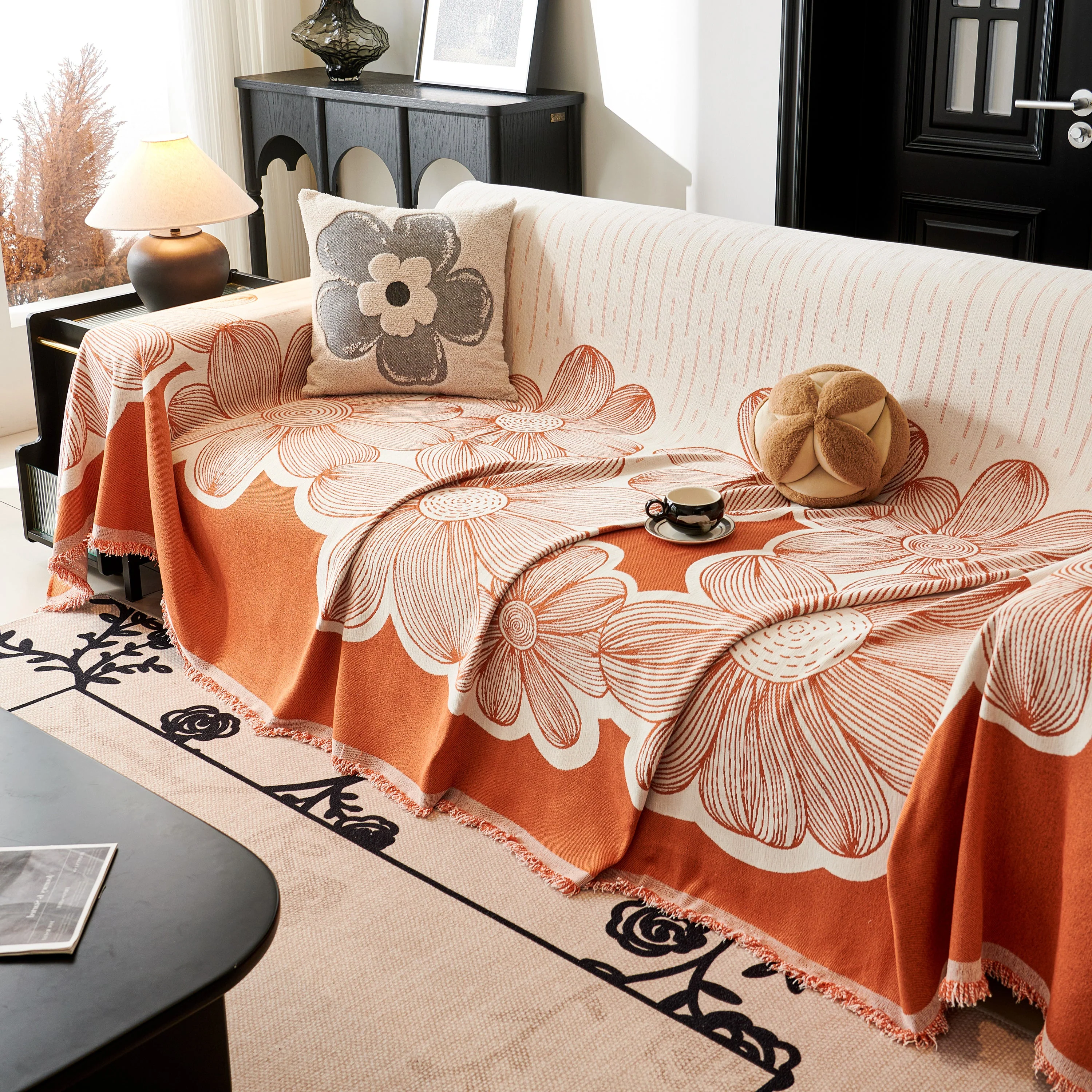 Floral Sofa Slipcovers Reversible Sofa Throw Covers with Tassels Pretty Furniture Covers for Sofas - Image 85