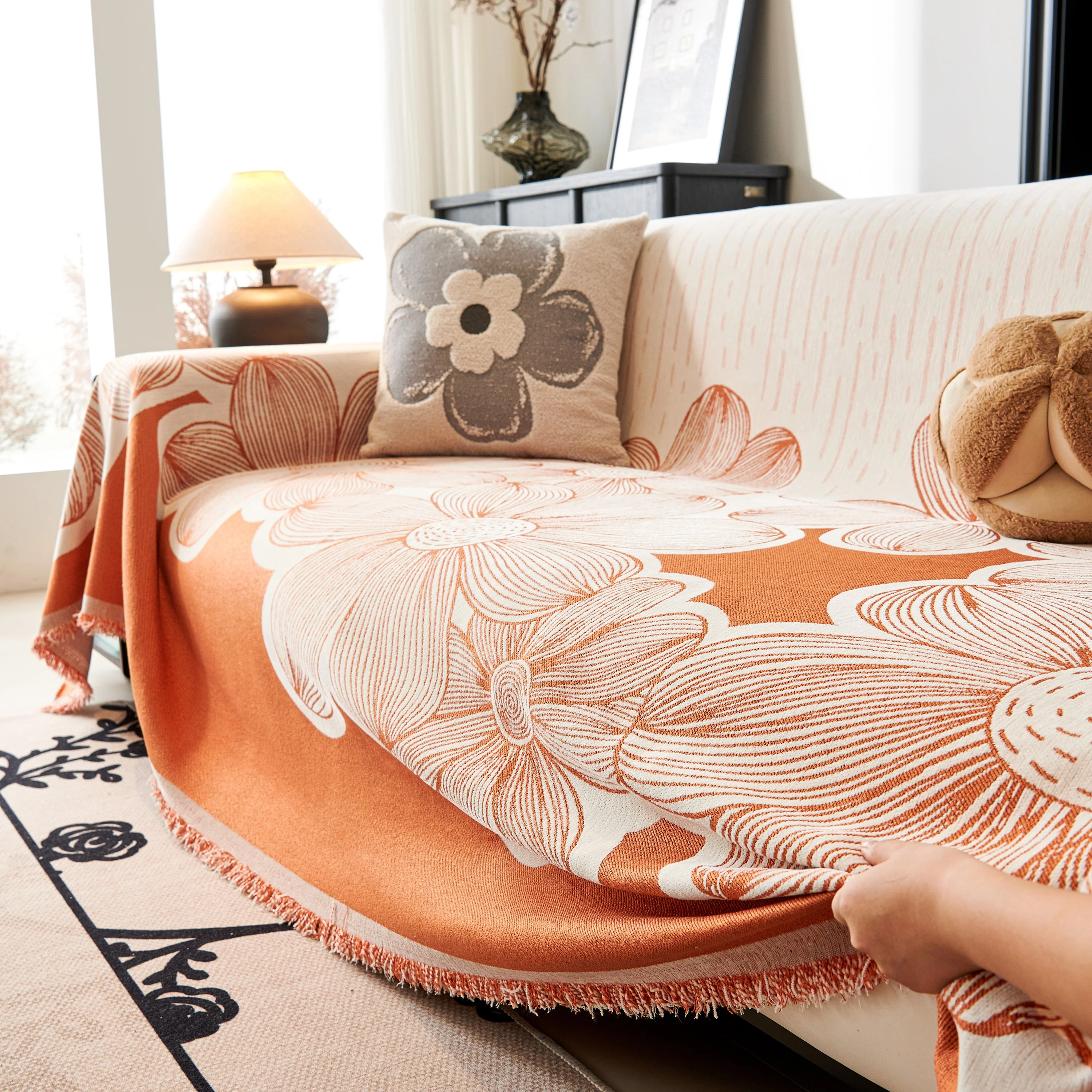Floral Sofa Slipcovers Reversible Sofa Throw Covers with Tassels Pretty Furniture Covers for Sofas - Image 86