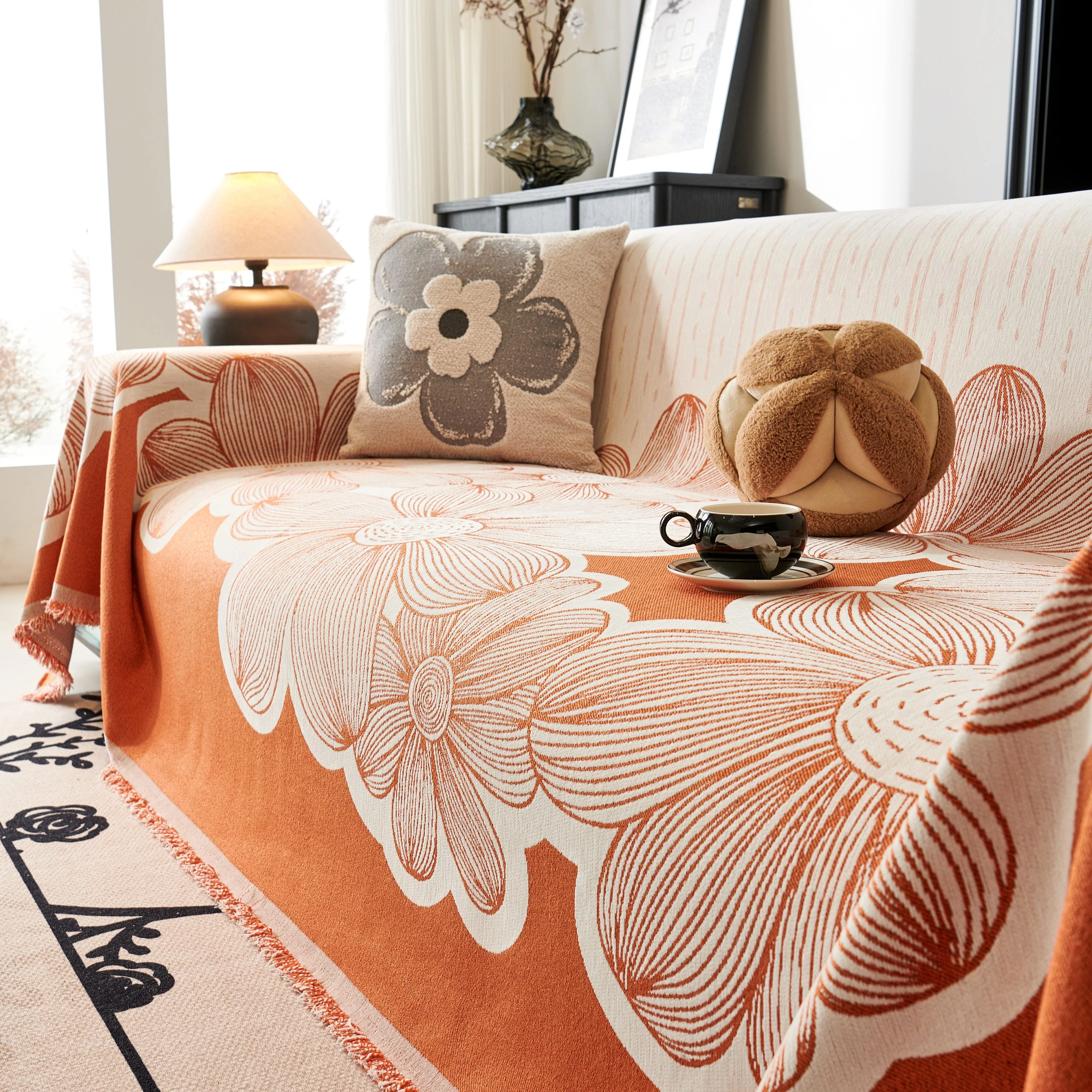 Floral Sofa Slipcovers Reversible Sofa Throw Covers with Tassels Pretty Furniture Covers for Sofas - Image 88
