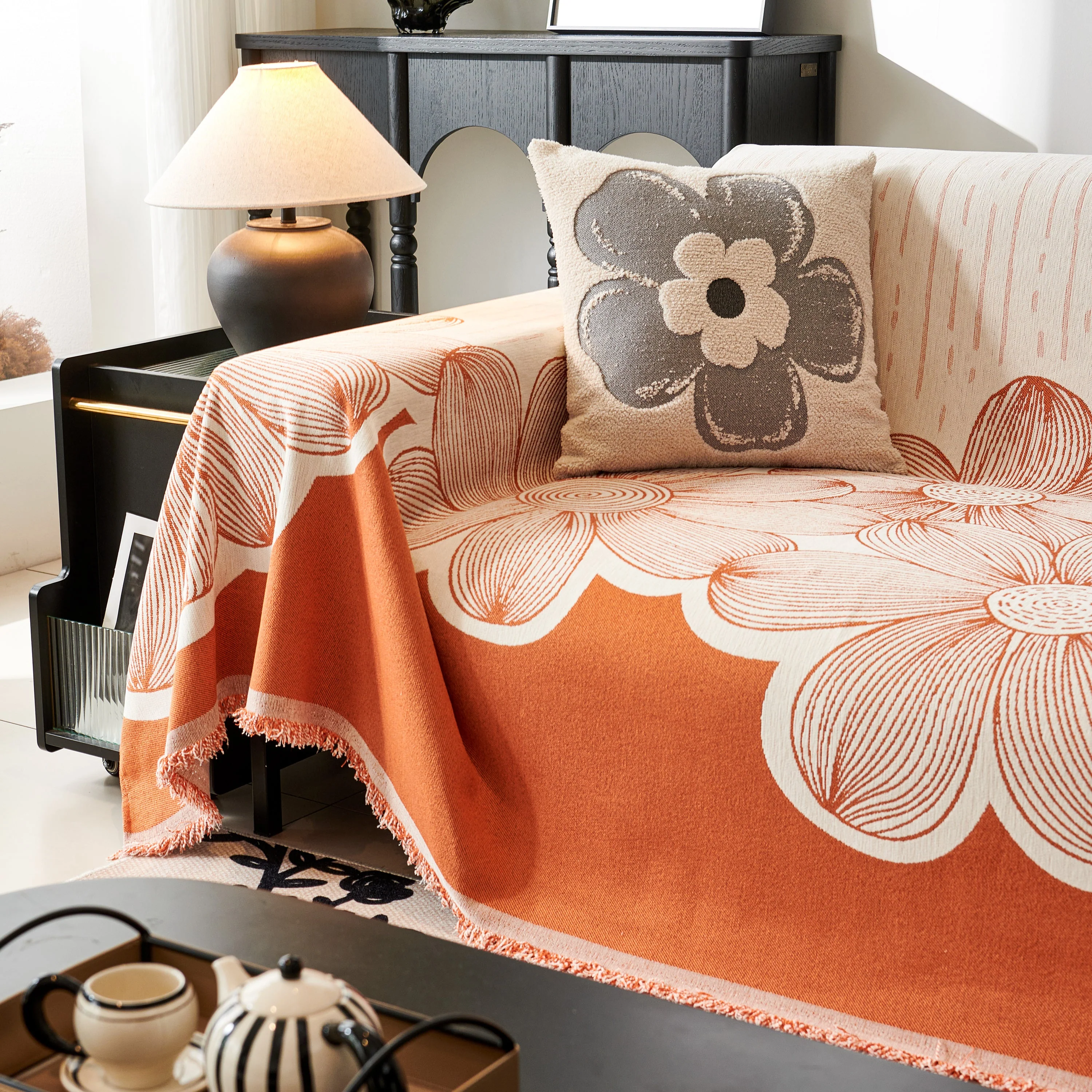 Floral Sofa Slipcovers Reversible Sofa Throw Covers with Tassels Pretty Furniture Covers for Sofas - Image 90