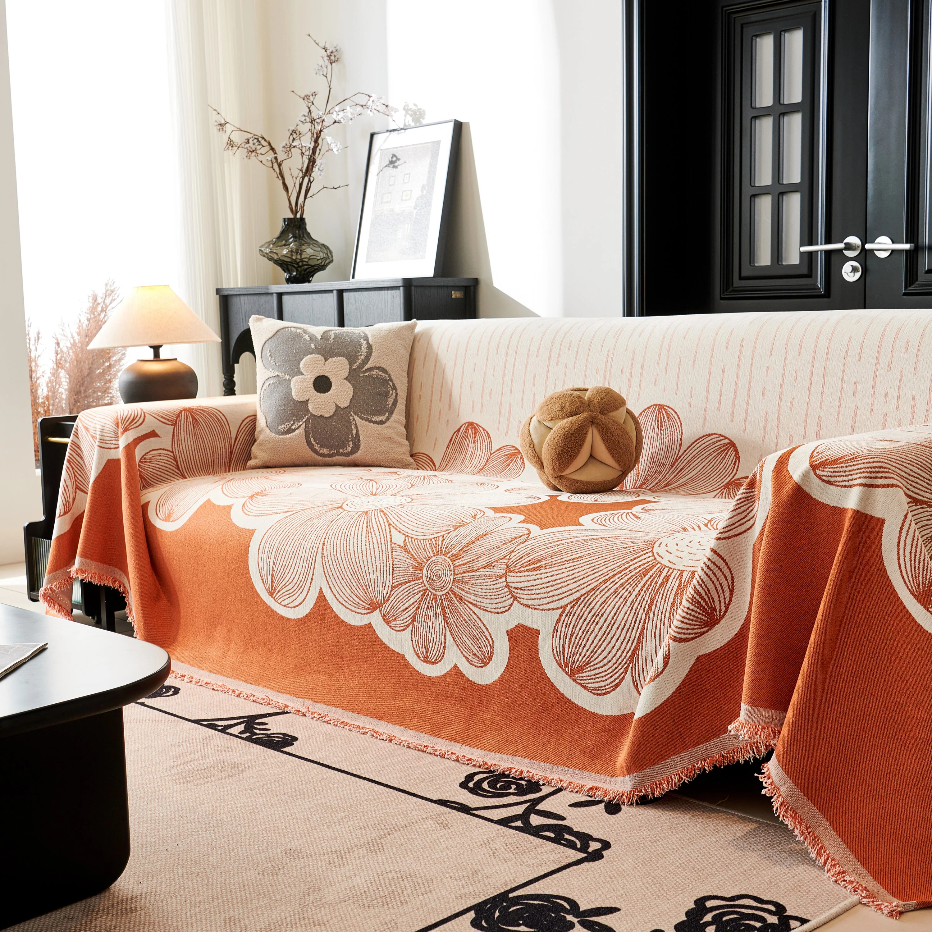 Floral Sofa Slipcovers Reversible Sofa Throw Covers with Tassels Pretty Furniture Covers for Sofas - Image 91