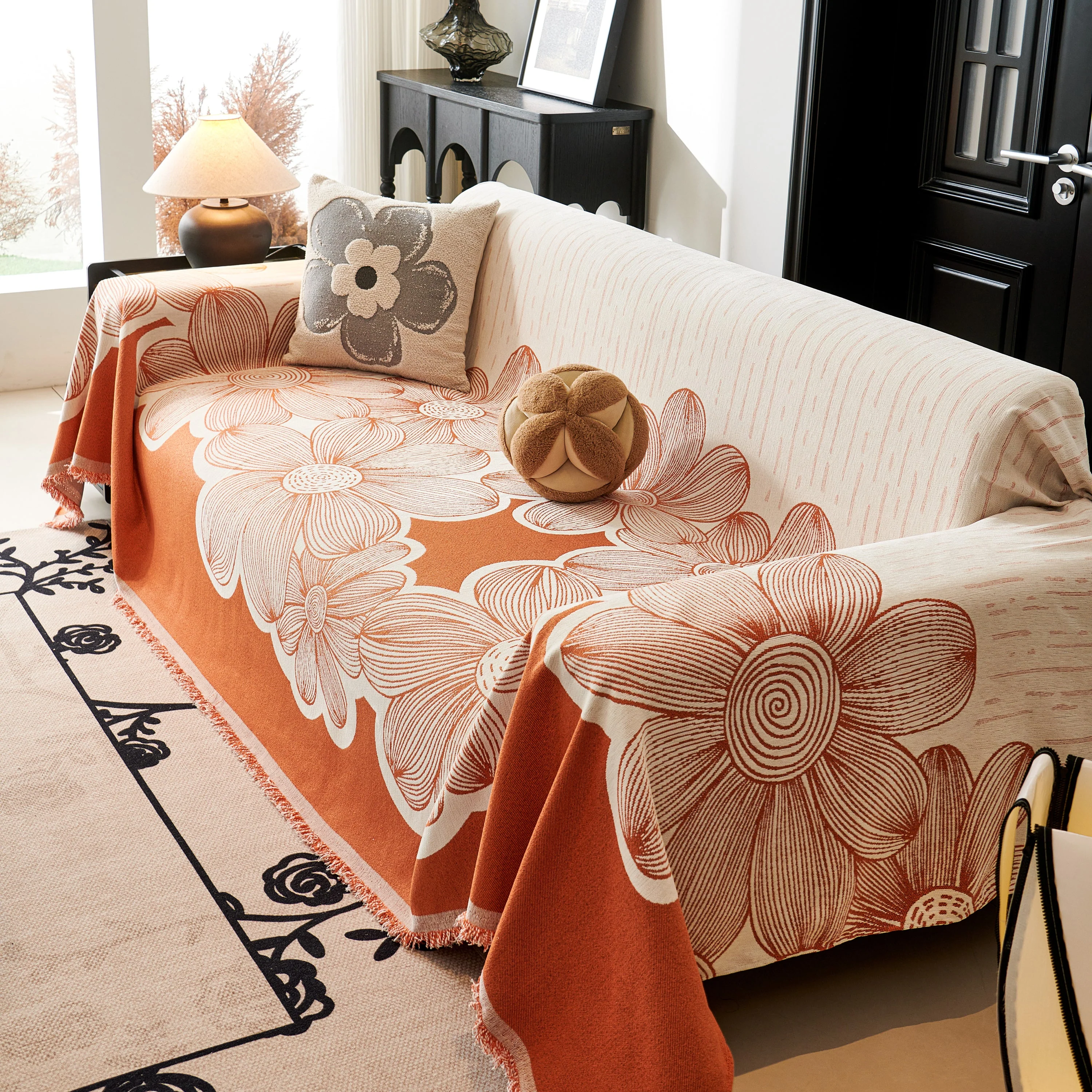 Floral Sofa Slipcovers Reversible Sofa Throw Covers with Tassels Pretty Furniture Covers for Sofas - Image 94