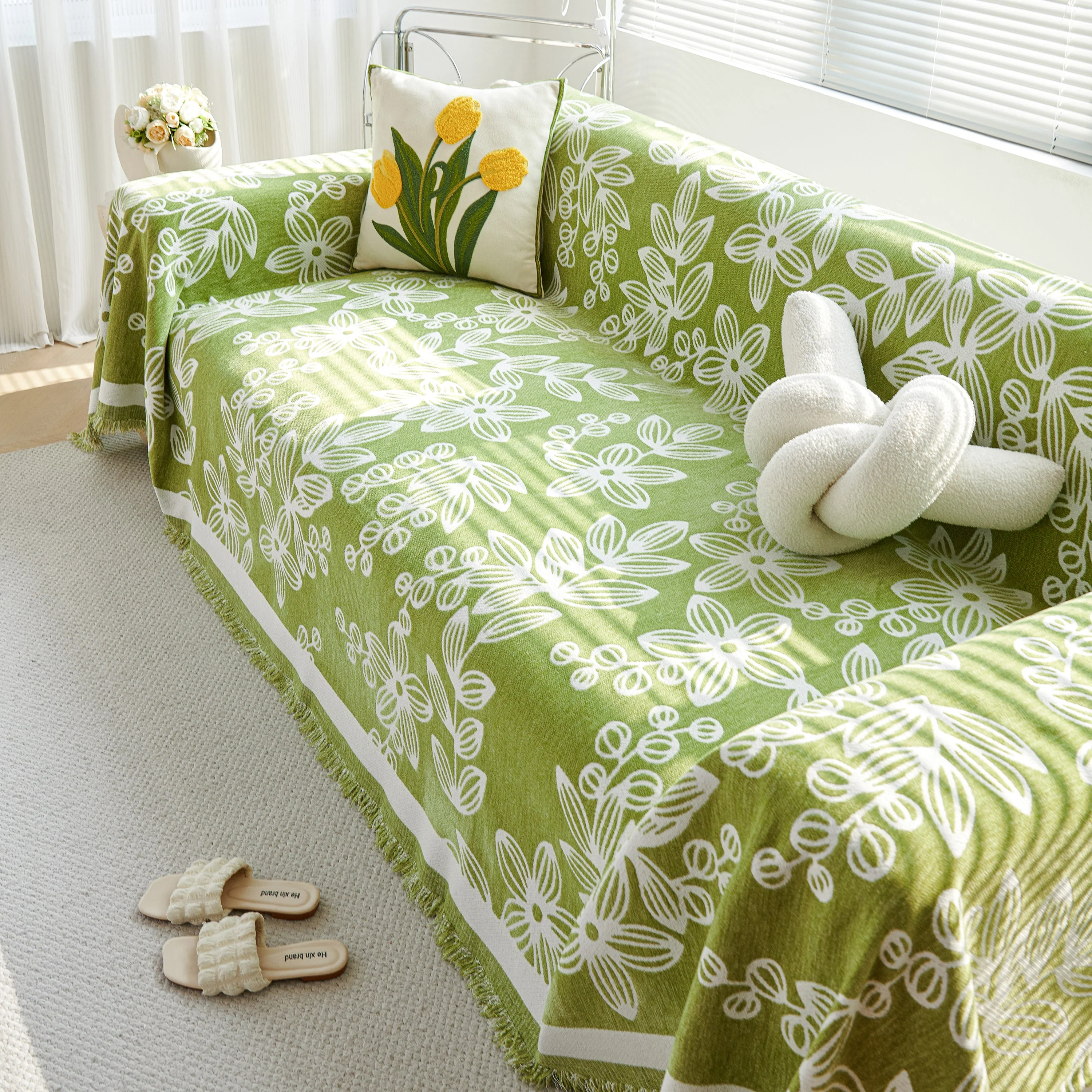 Floral Symphony Couch Throw Cover with Tassel, Chenille Sofa Cover with Leafy Melodies for Sectional - Image 11