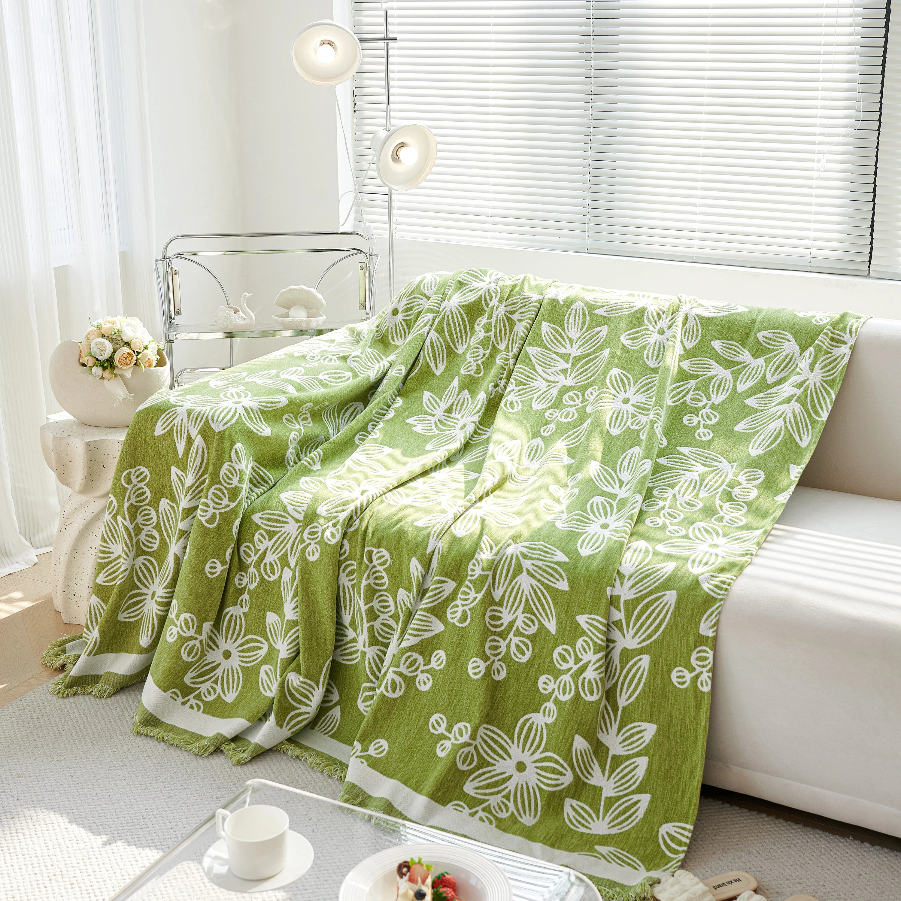 Floral Symphony Couch Throw Cover with Tassel, Chenille Sofa Cover with Leafy Melodies for Sectional - Image 13