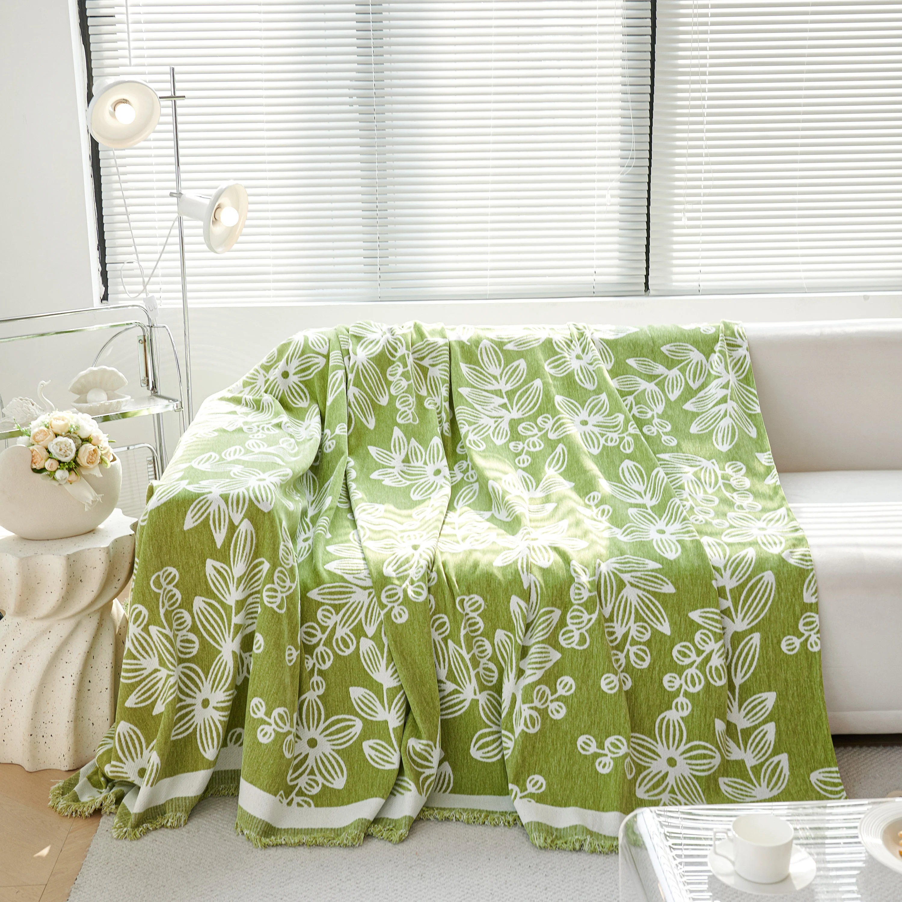 Floral Symphony Couch Throw Cover with Tassel, Chenille Sofa Cover with Leafy Melodies for Sectional - Image 14