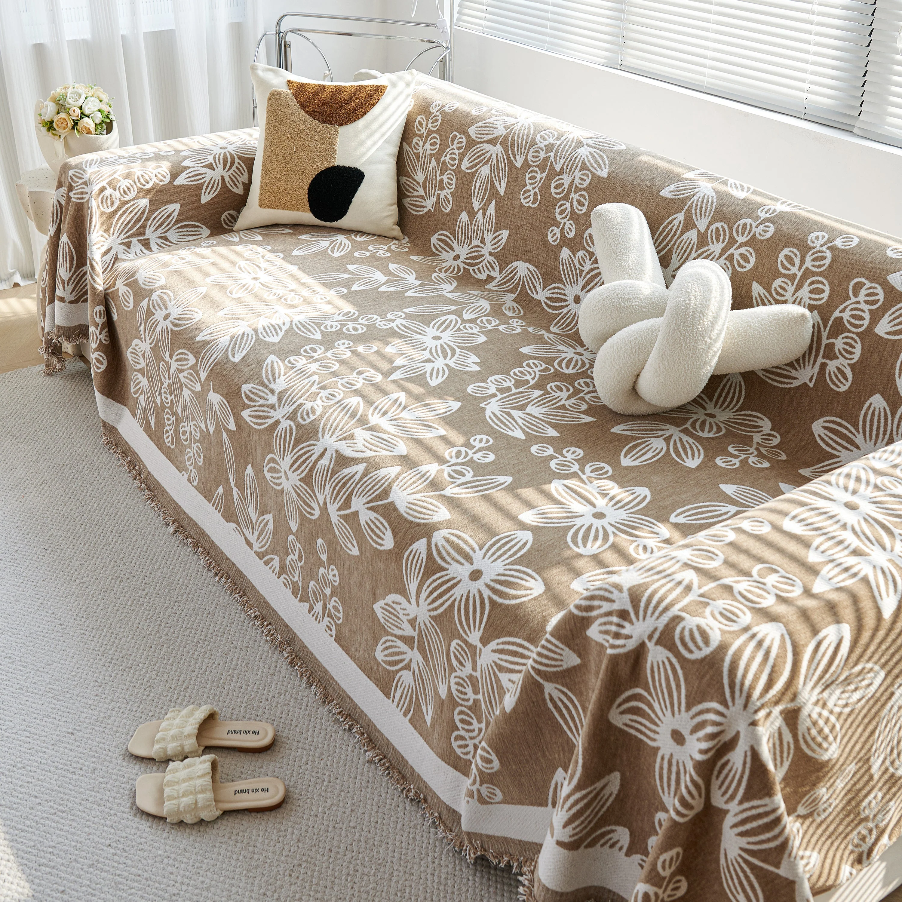 Floral Symphony Couch Throw Cover with Tassel, Chenille Sofa Cover with Leafy Melodies for Sectional - Image 21