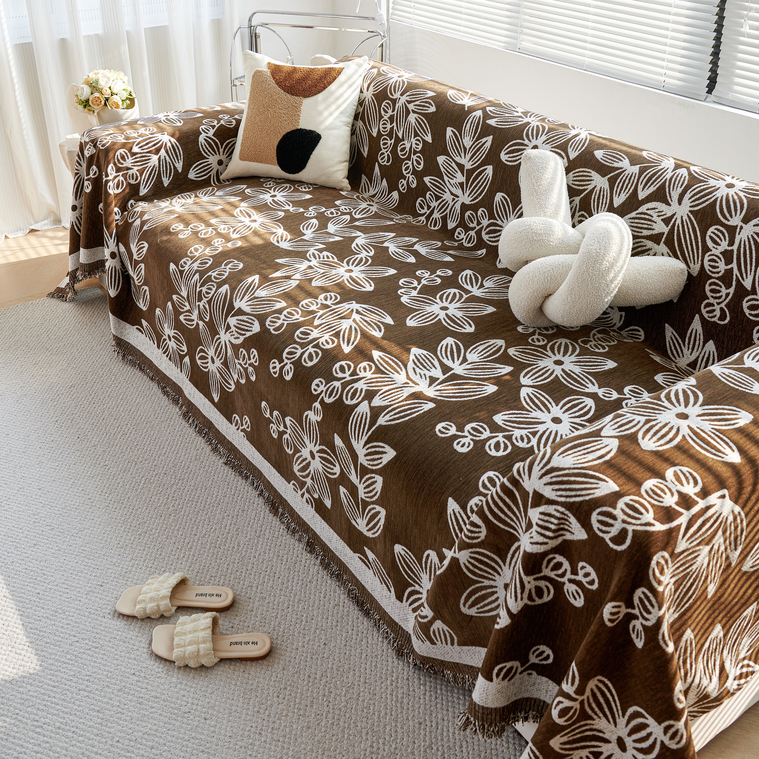 Floral Symphony Couch Throw Cover with Tassel, Chenille Sofa Cover with Leafy Melodies for Sectional - Image 29