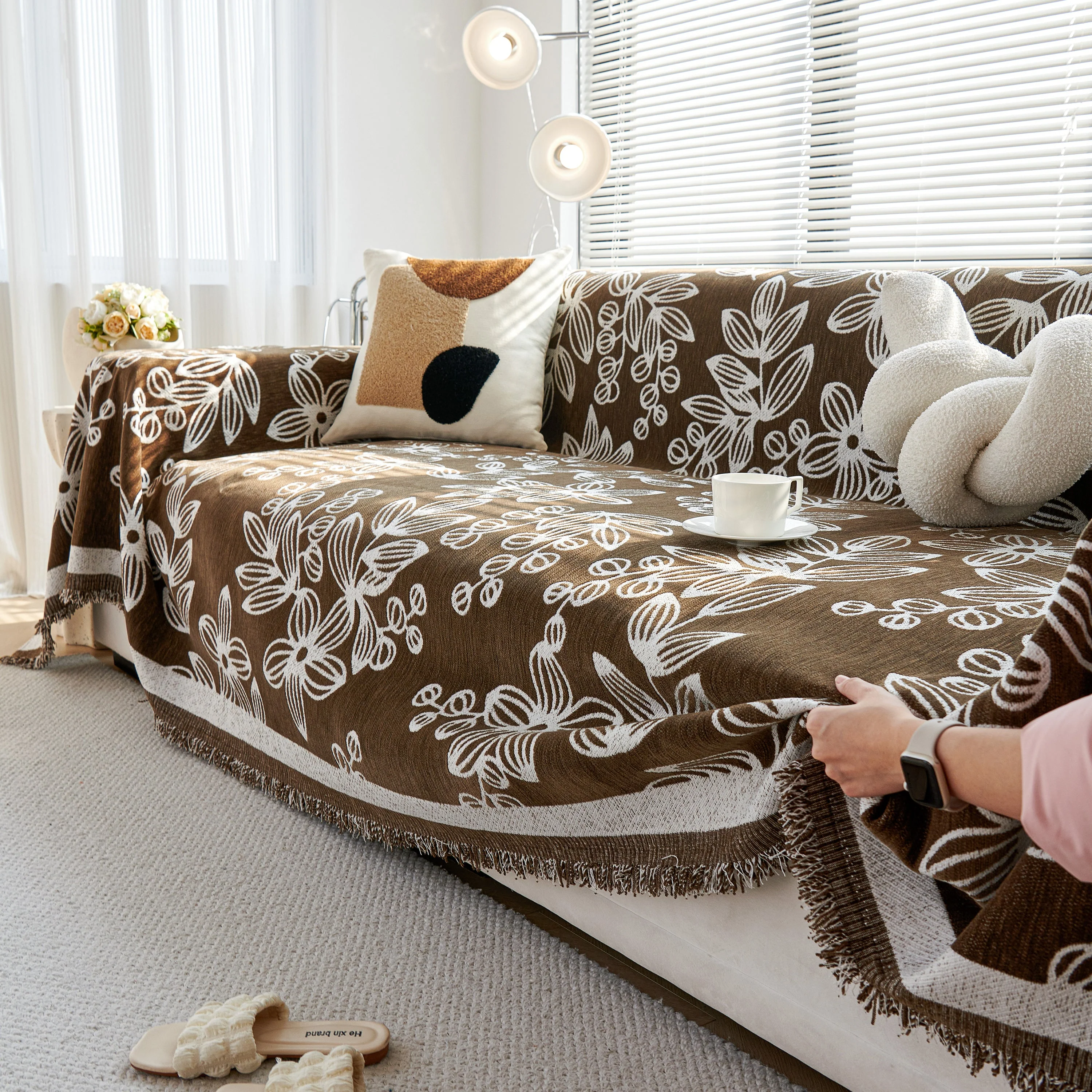 Floral Symphony Couch Throw Cover with Tassel, Chenille Sofa Cover with Leafy Melodies for Sectional - Image 30