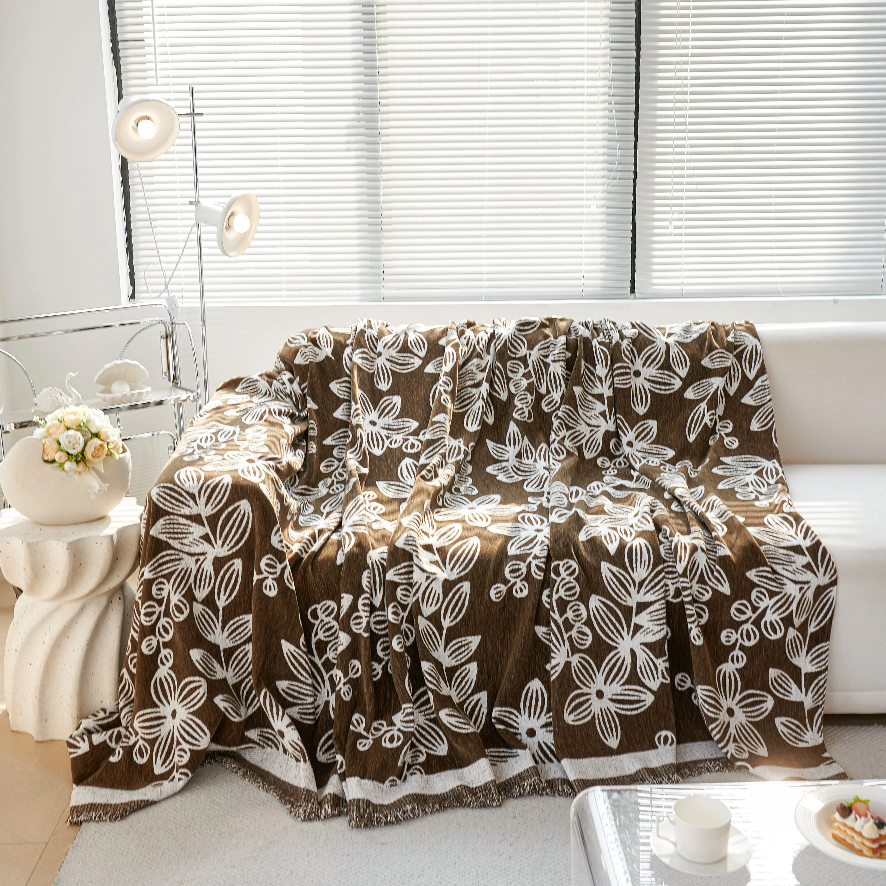 Floral Symphony Couch Throw Cover with Tassel, Chenille Sofa Cover with Leafy Melodies for Sectional - Image 32