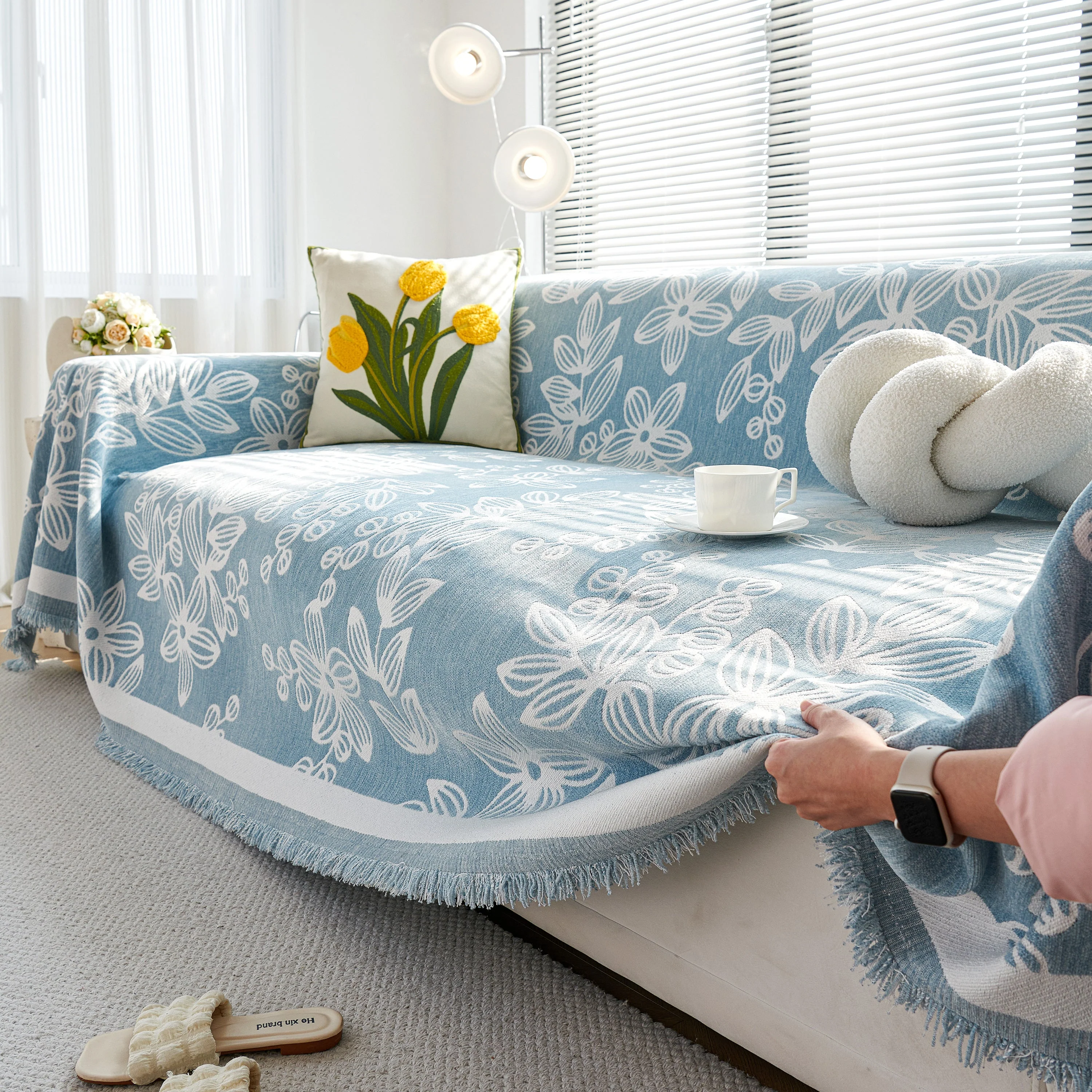 Floral Symphony Couch Throw Cover with Tassel, Chenille Sofa Cover with Leafy Melodies for Sectional - Image 7