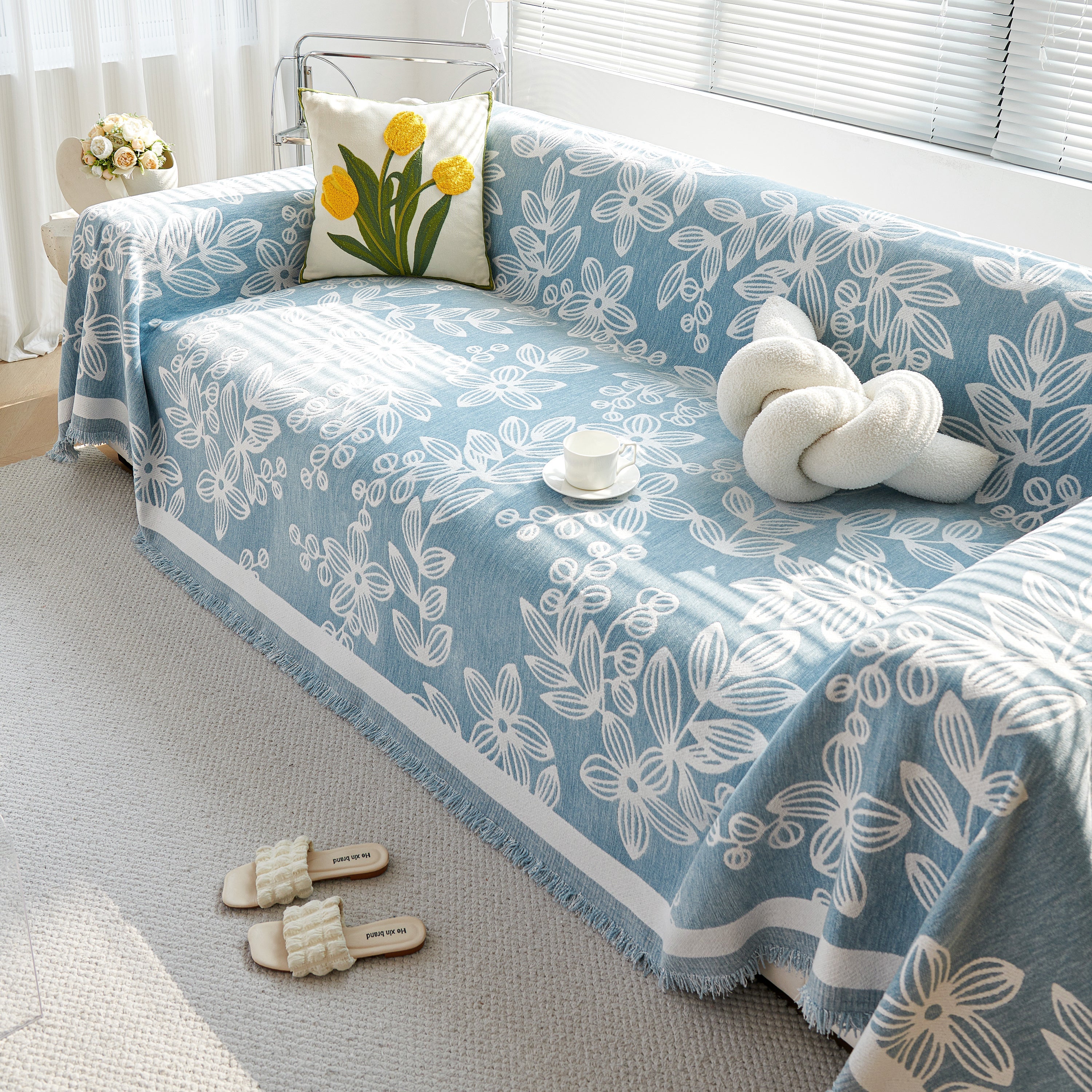 Floral Symphony Couch Throw Cover with Tassel, Chenille Sofa Cover with Leafy Melodies for Sectional - Image 8