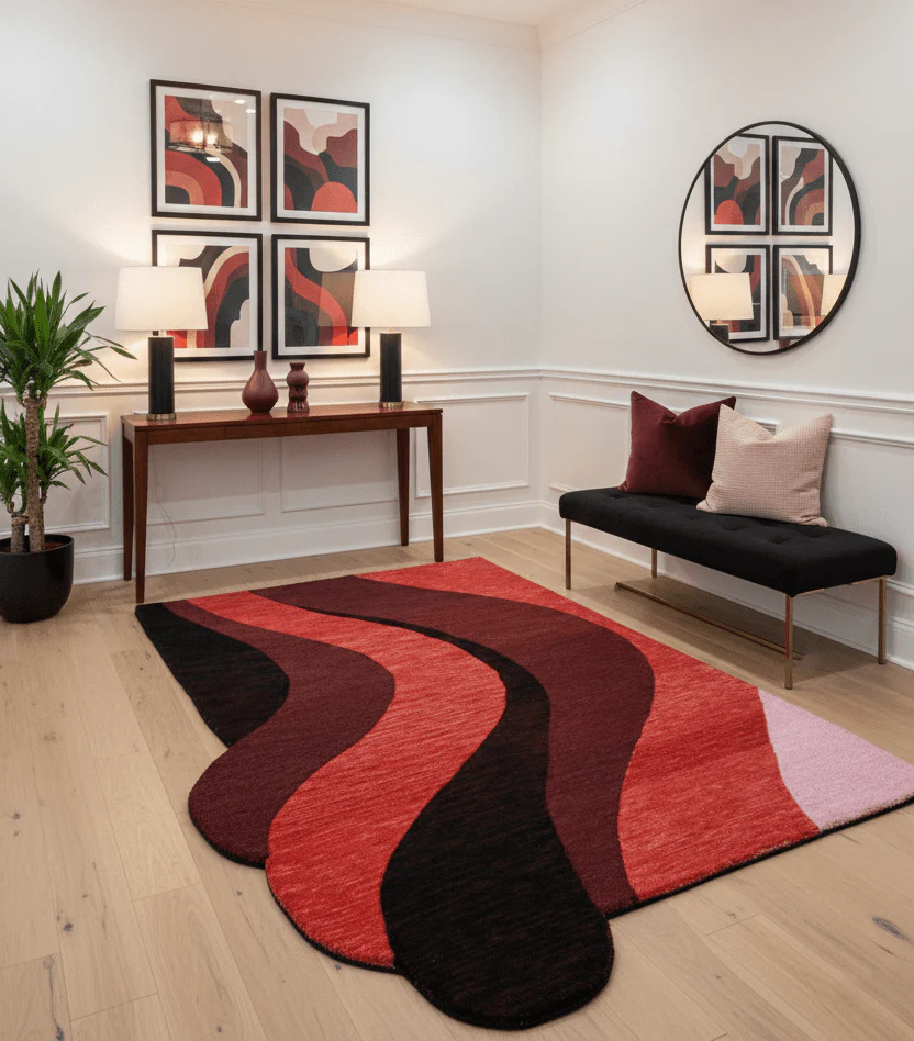 Flow Modern Abstract Red And Maroon Hand Tufted 5x8 Wool Rug - Image 2