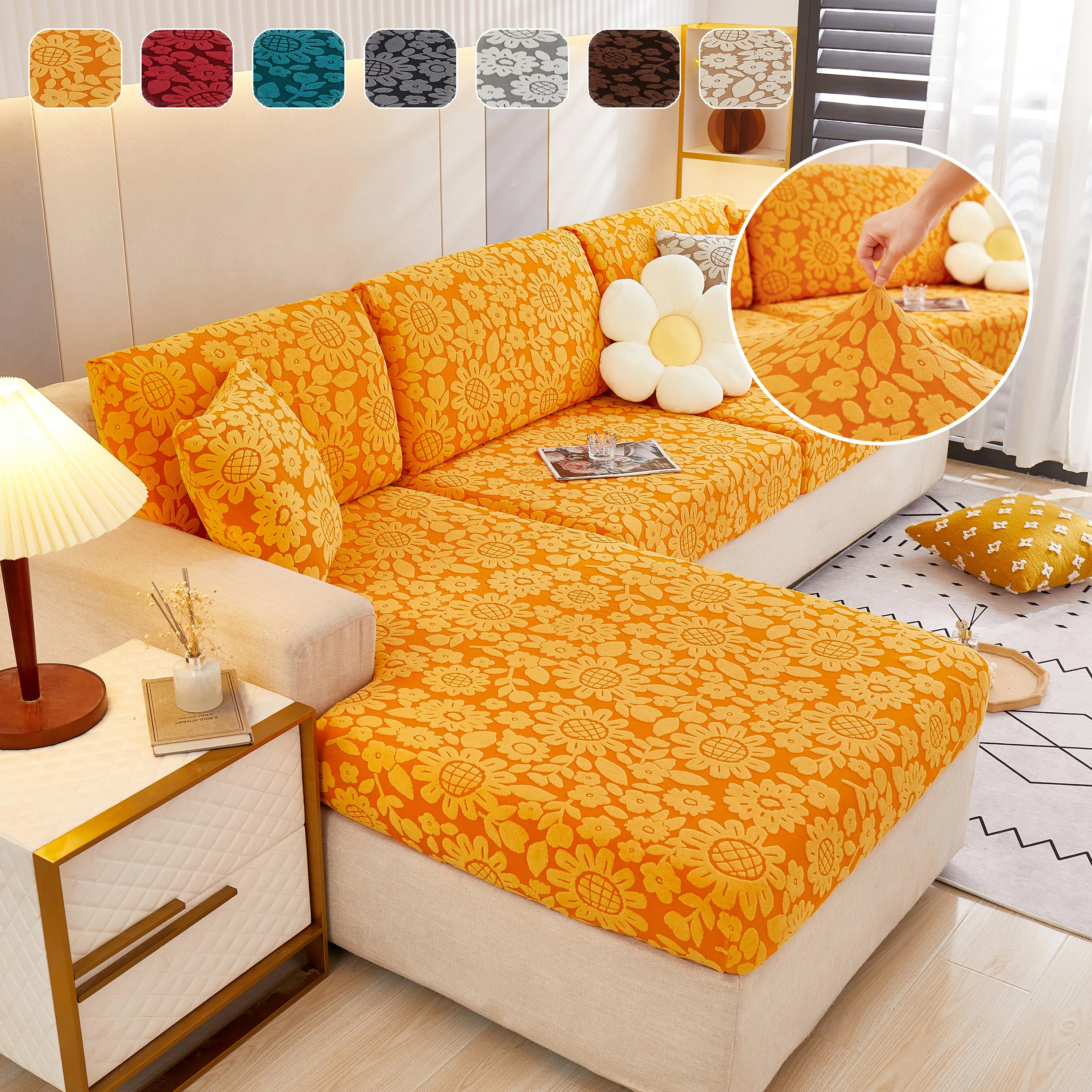 Flower Pattern Jacquard Fleece Stretch Sofa Cover, Non-Slip L-Shaped Couch Cushion Covers for Pets - Image 10