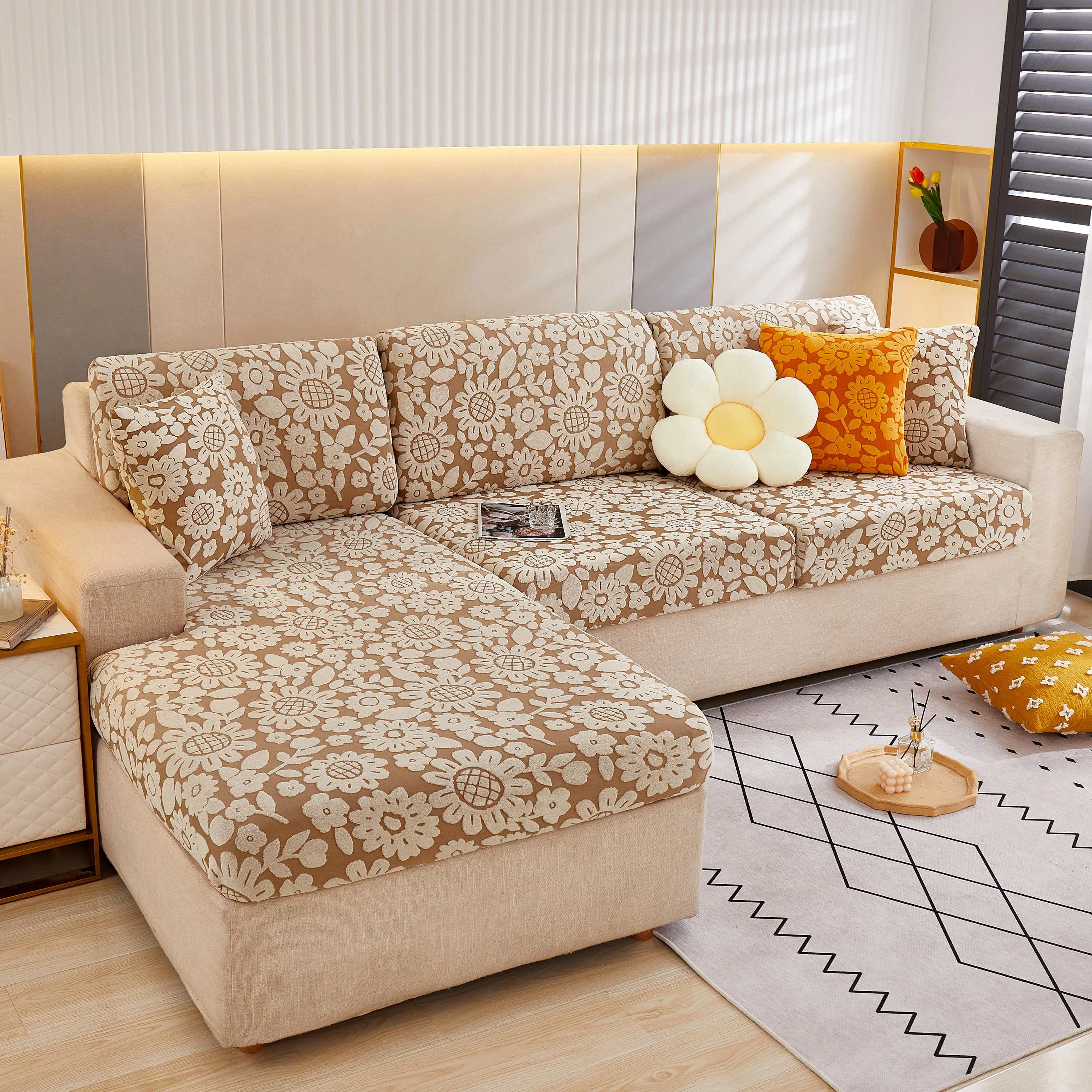 Flower Pattern Jacquard Fleece Stretch Sofa Cover, Non-Slip L-Shaped Couch Cushion Covers for Pets - Image 11