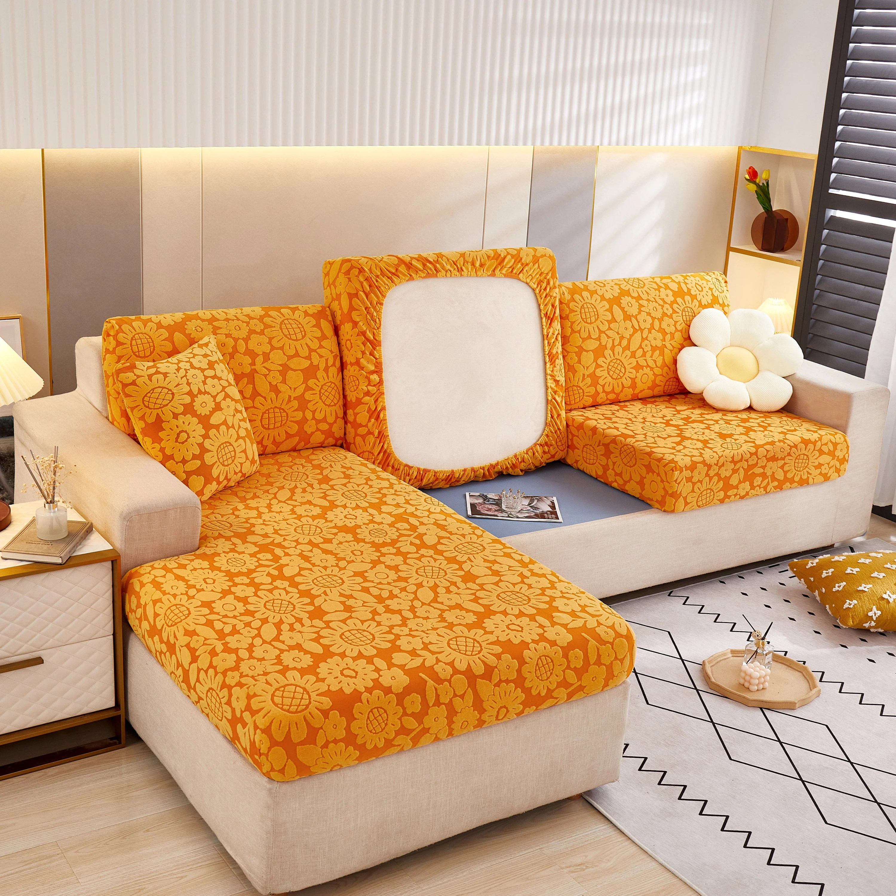 Flower Pattern Jacquard Fleece Stretch Sofa Cover, Non-Slip L-Shaped Couch Cushion Covers for Pets - Image 12
