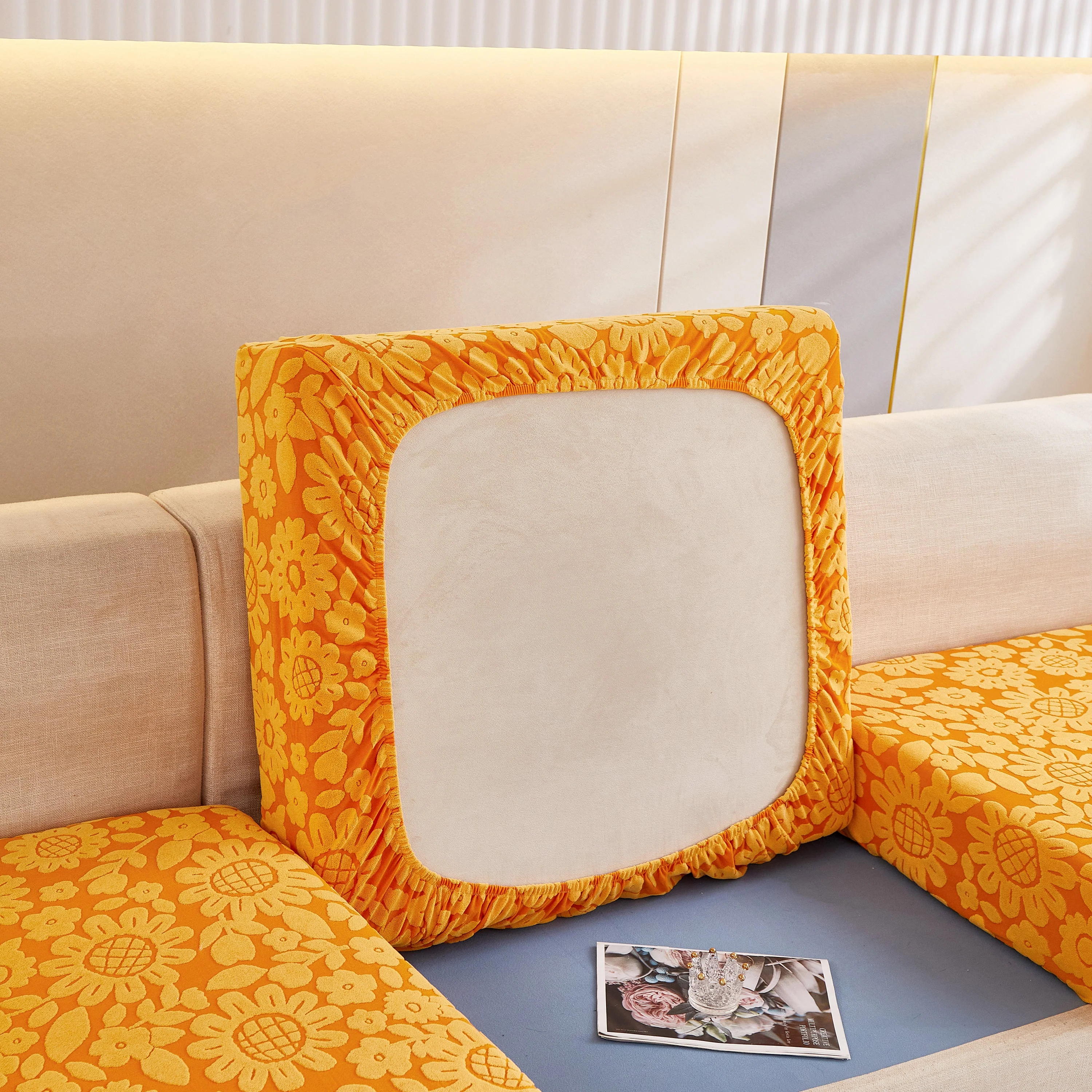 Flower Pattern Jacquard Fleece Stretch Sofa Cover, Non-Slip L-Shaped Couch Cushion Covers for Pets - Image 13