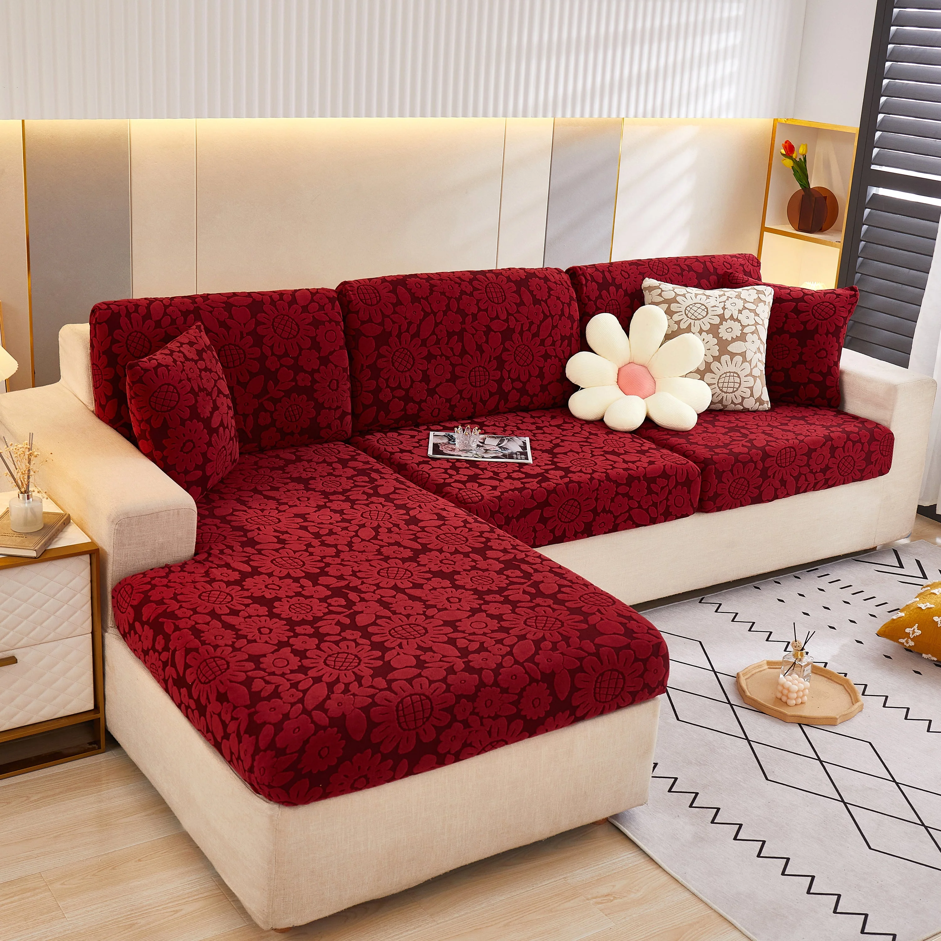 Flower Pattern Jacquard Fleece Stretch Sofa Cover, Non-Slip L-Shaped Couch Cushion Covers for Pets - Image 14