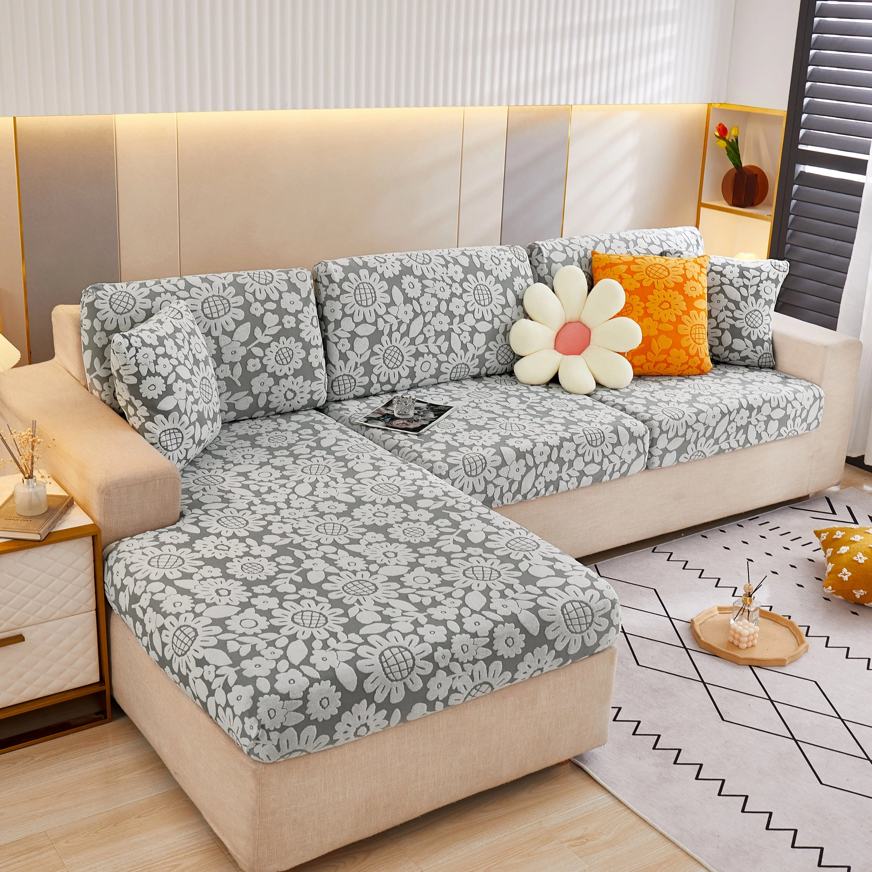 Flower Pattern Jacquard Fleece Stretch Sofa Cover, Non-Slip L-Shaped Couch Cushion Covers for Pets - Image 15